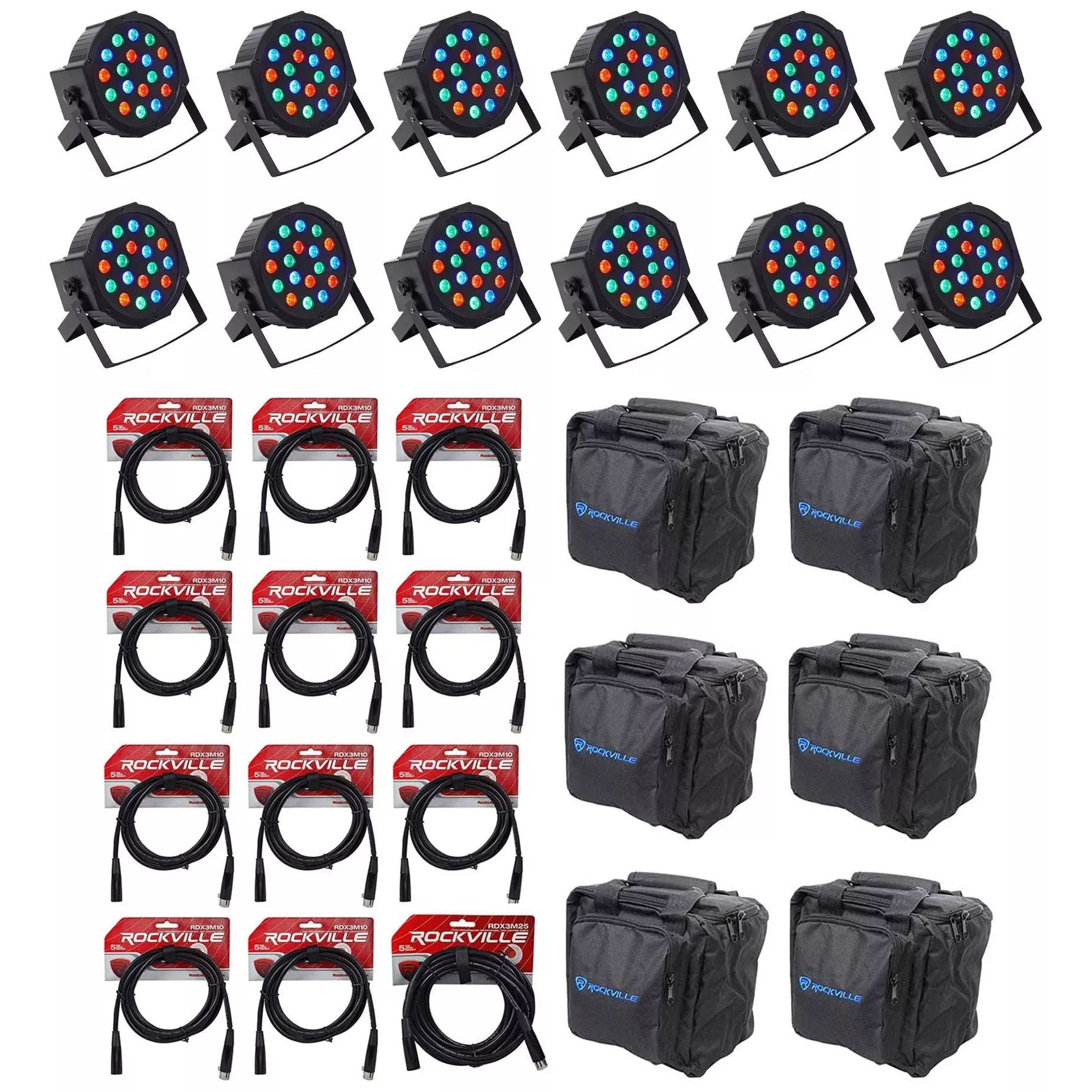 12 RockPAR50 LED PAR Wash Lights + 12 DMX Cables + Bags