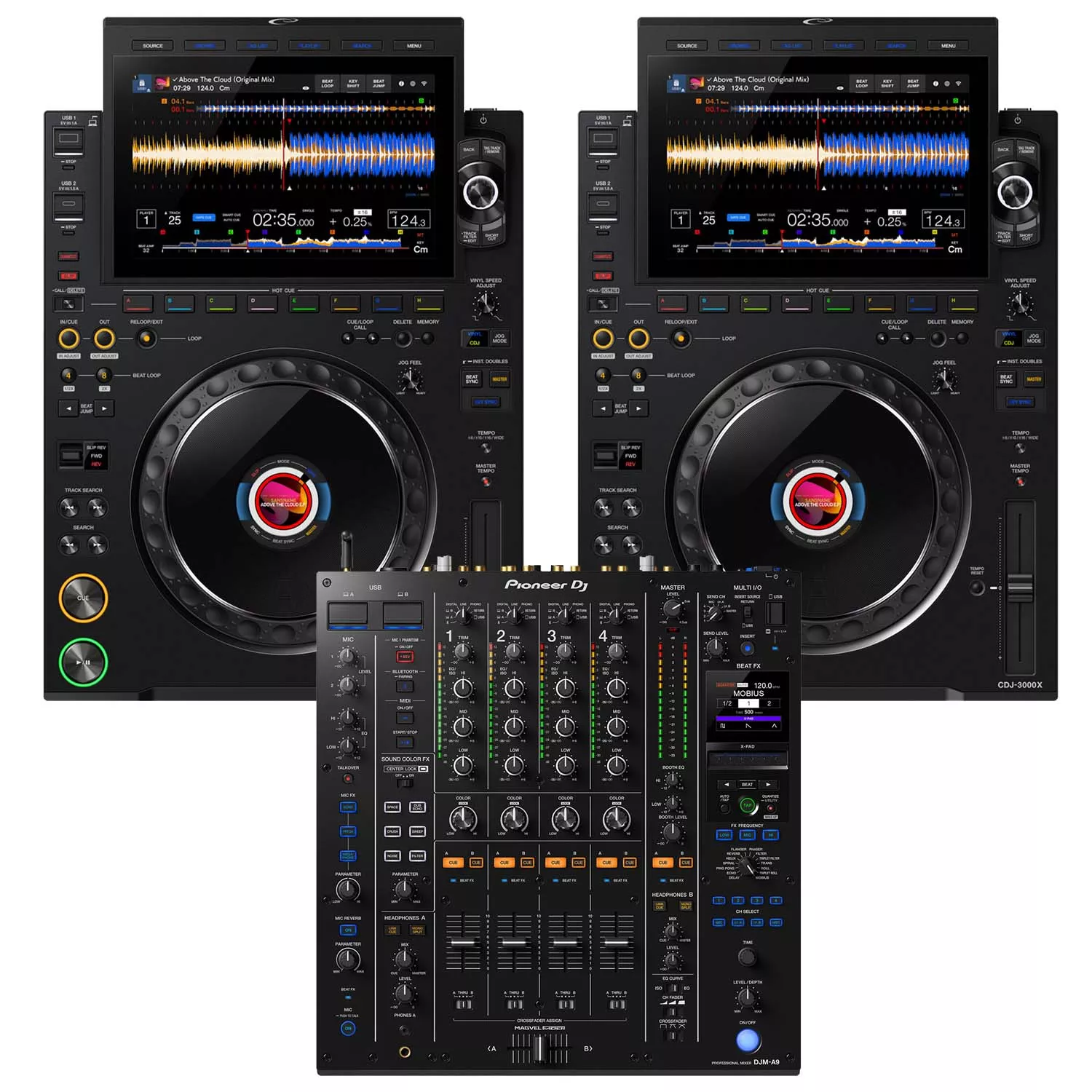 (2) AlphaTheta CDJ-3000X – Pioneer DJM-A9 4-Channel DJ Mixer Bundle
