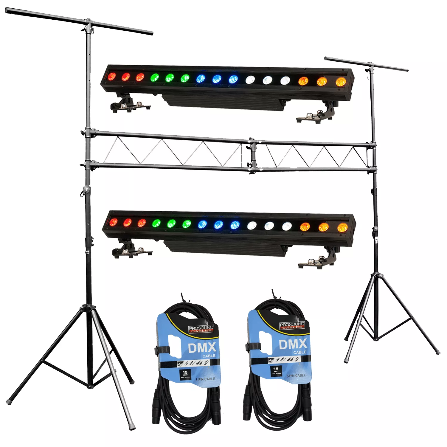 (2) American DJ 15 HEX BAR IP LED Linear Wash Fixture + ProX T-LS31M 10FT Mobile DJ Lighting Truss System and Cables.