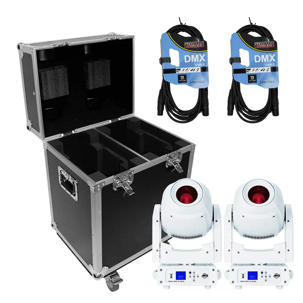(2) American DJ Focus Spot 4Z Pearl 200W LED Moving Head Spot Fixtures with Road Case Package