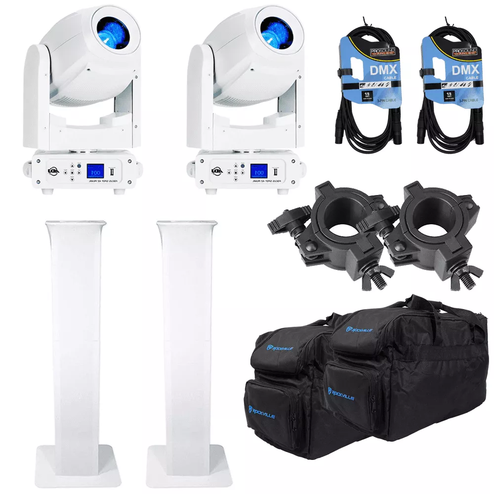 (2) American DJ Focus Spot 4Z Pearl 200W LED Moving Head Spot Fixtures withRockville RTP32W Totem Moving Head Light Stands