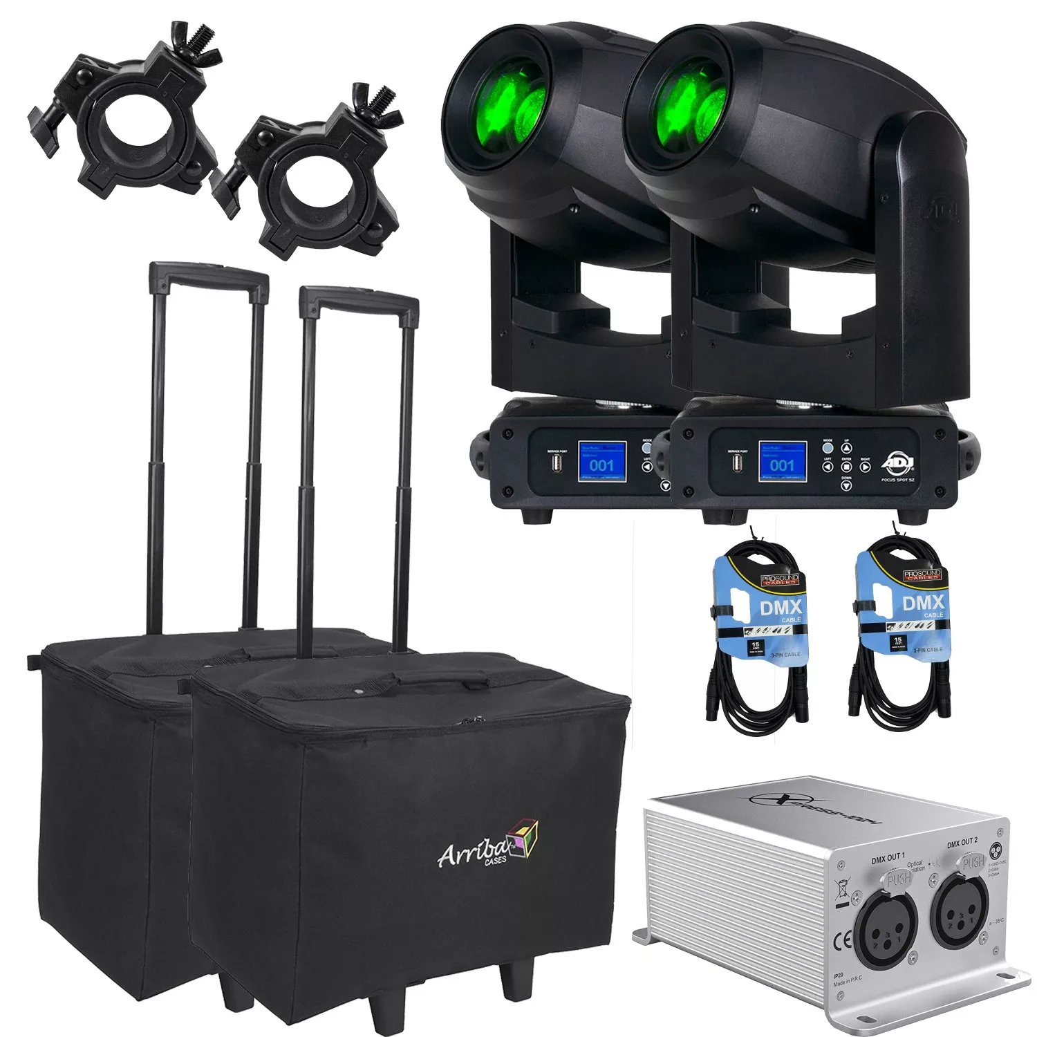 (2) American DJ Focus Spot 5Z 200 Watt, (2) Arriba Case ACR19, (2) Clamps, (2) DMX Cables, (1) Chauvet DJ Xpress 1024 Interface Bundle
