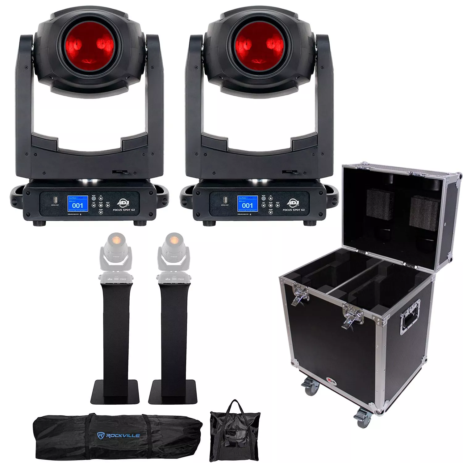 (2) American DJ Focus Spot 6Z 300W LED, Dual Hard Case, (2) Rockville Totem Stand Bundle