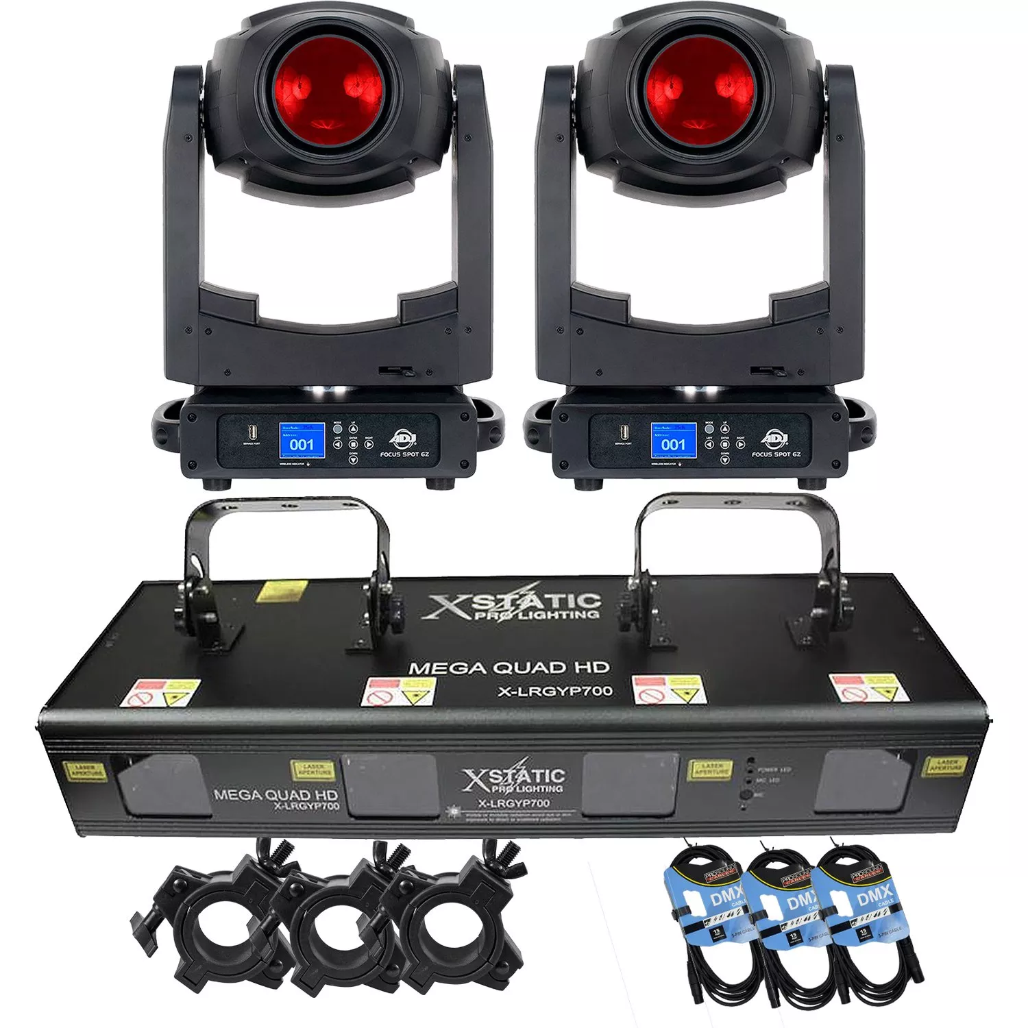 (2) American DJ Focus Spot 6Z 300W LED, X-4LRGBPW880 Lazer, (3) DMX Cable, (3) Clamps Bundle