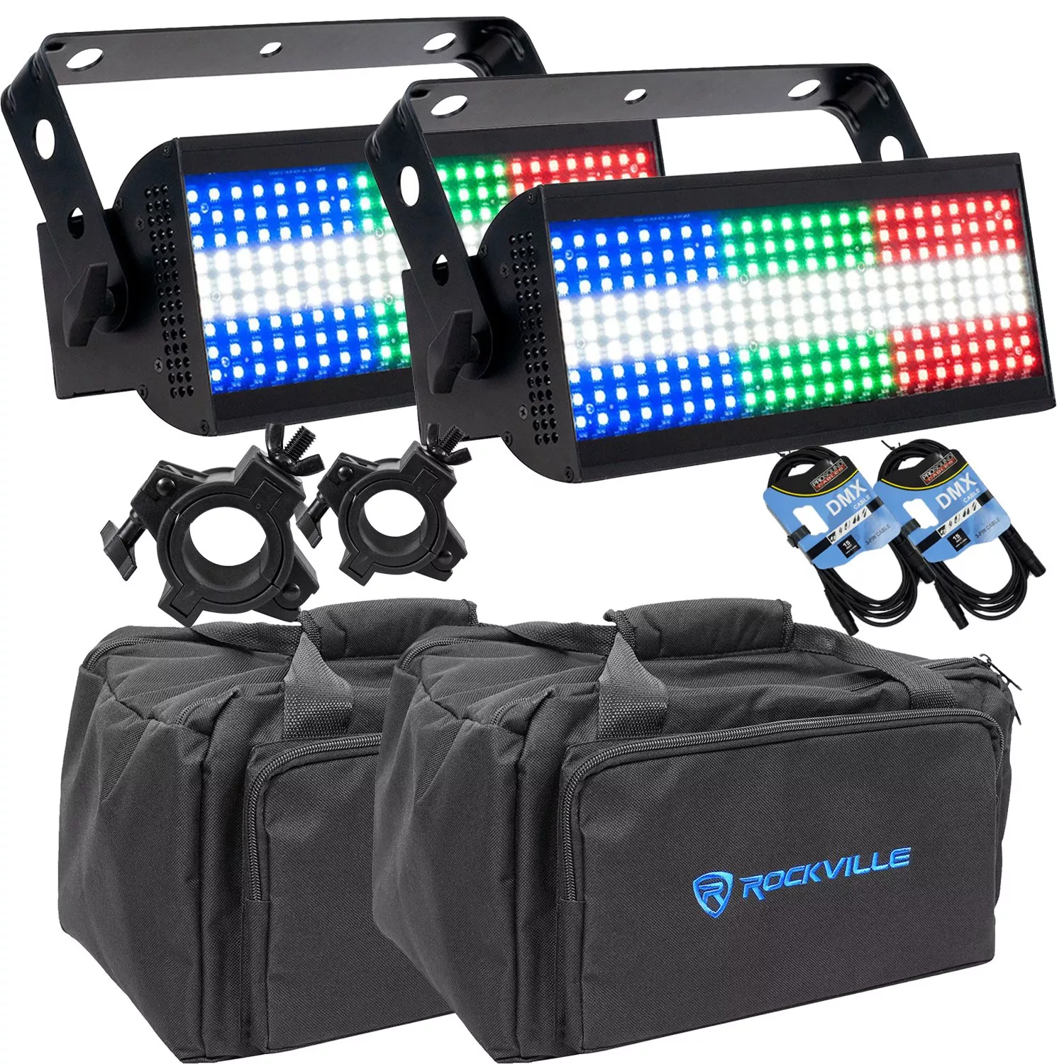 (2) American DJ Jolt 300, (2) Rockville RLB30 Bag, (2) Clamp, (2) DMX Cables Bundle