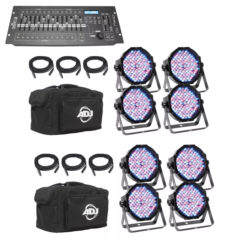 (2) American DJ Mega Flat Pak Plus – 4x Mega Par Profile Plus LED Pars, 3x DMX Cable, & Bag + CHAUVET DJ Obey 70 Universal DMX-512 Controller