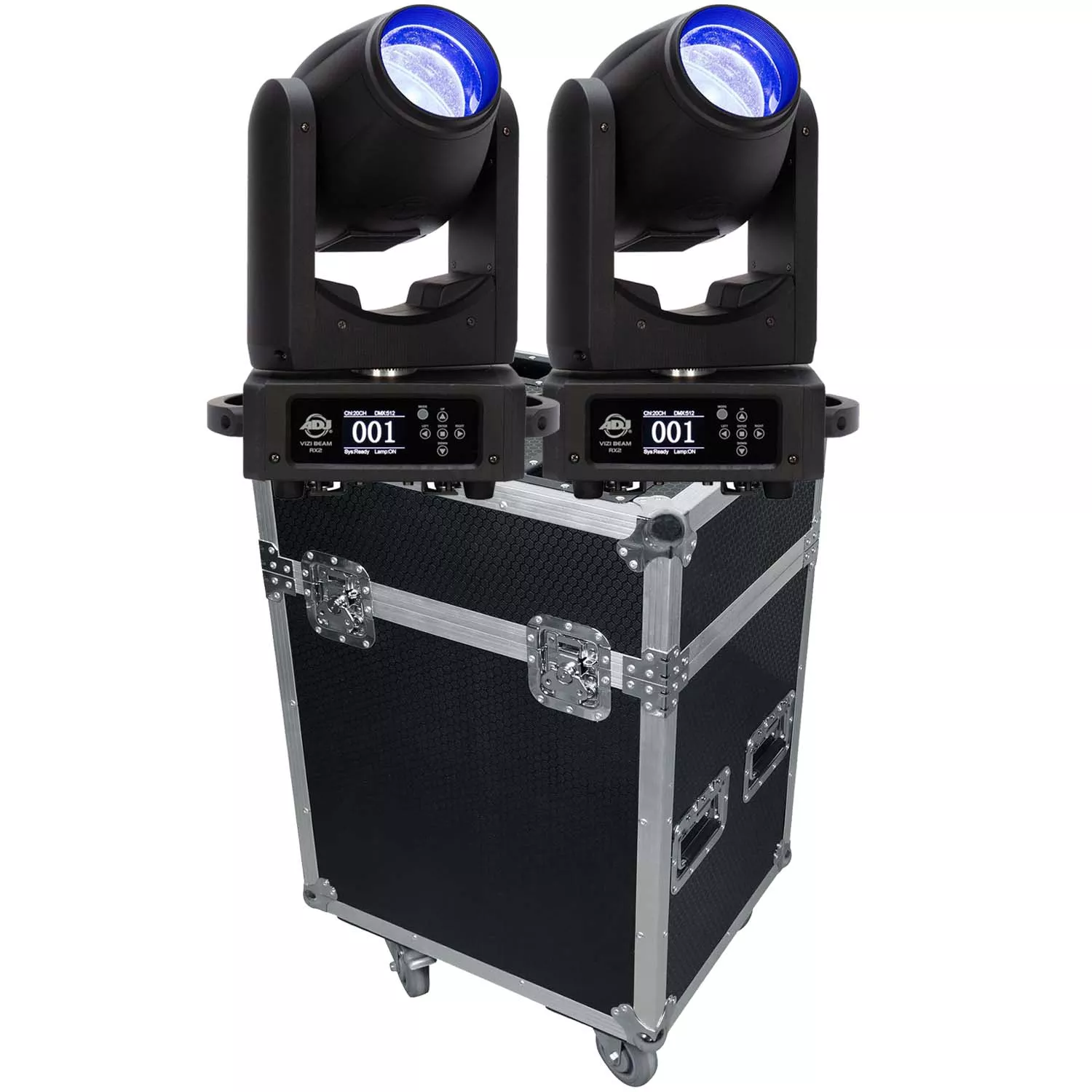 (2) American DJ VIZI Beam RX2 Moving Head Fixture, Rockville RMH2C Case Bundle