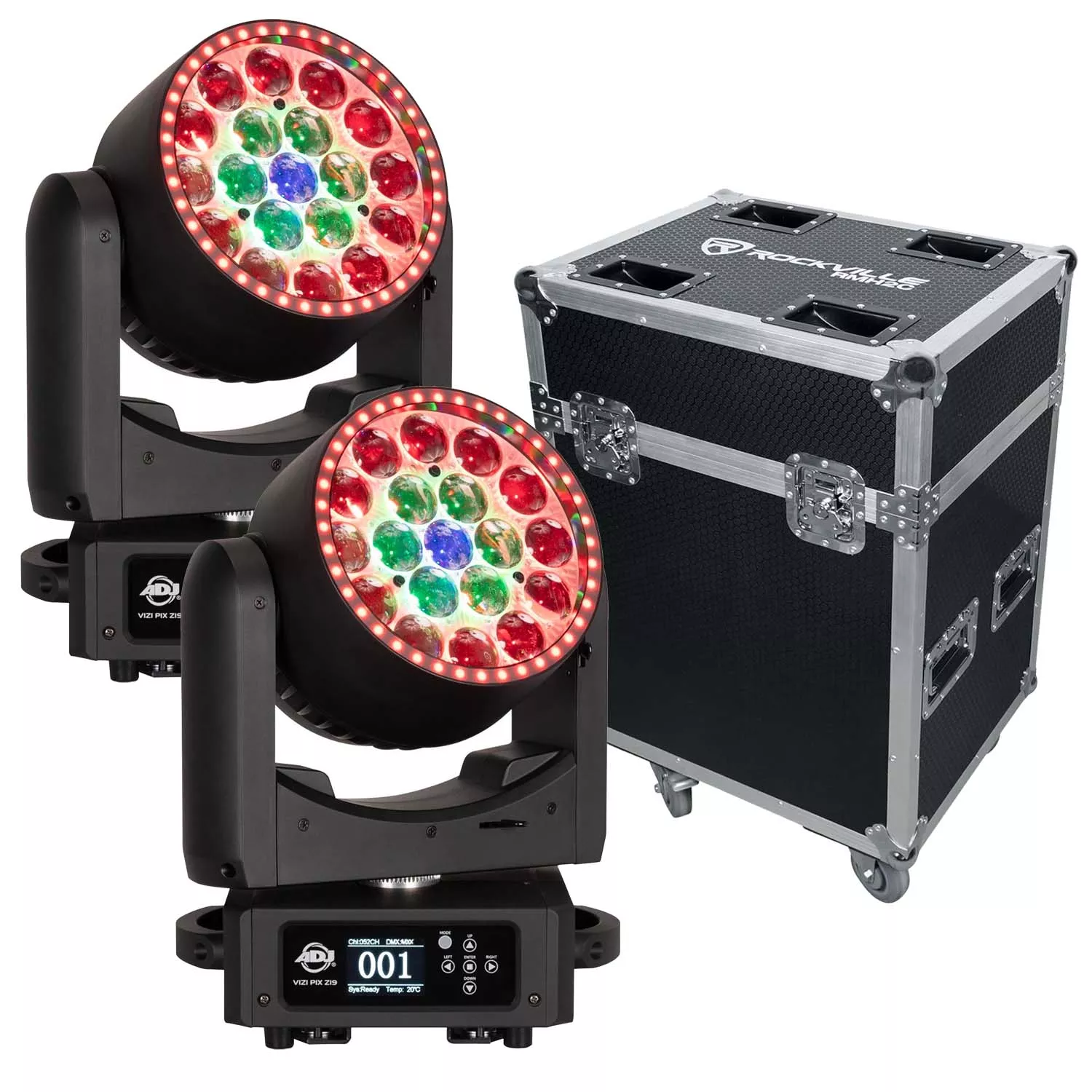 (2) American DJ Vizi Pix Z19 Moving head Wash Light – Rockville Case RMH2B Bundle