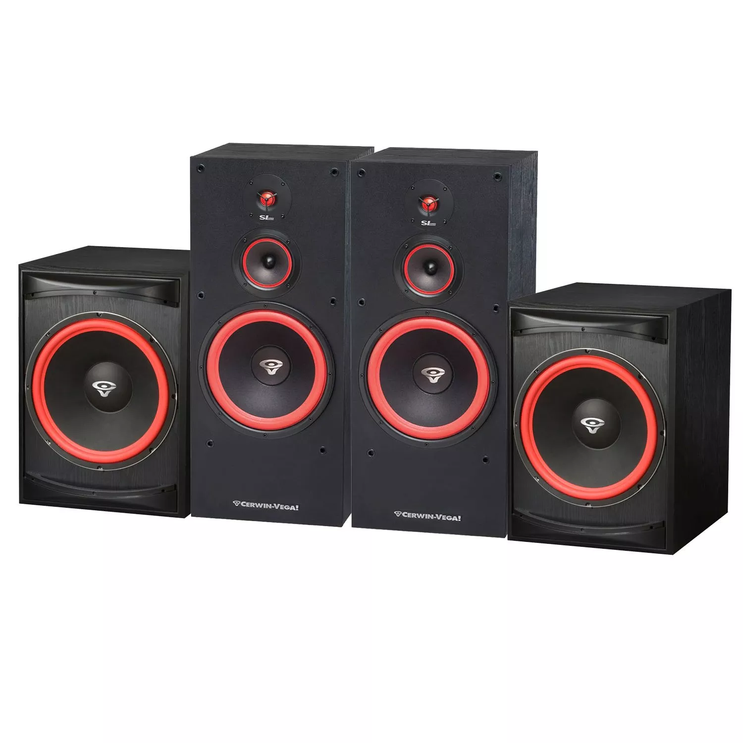 (2) Cerwin-Vega SL-12 12″ 3-Way Floorstanding Speakers, (2) Cerwin-Vega XLS-15S Powered Subs Bundle