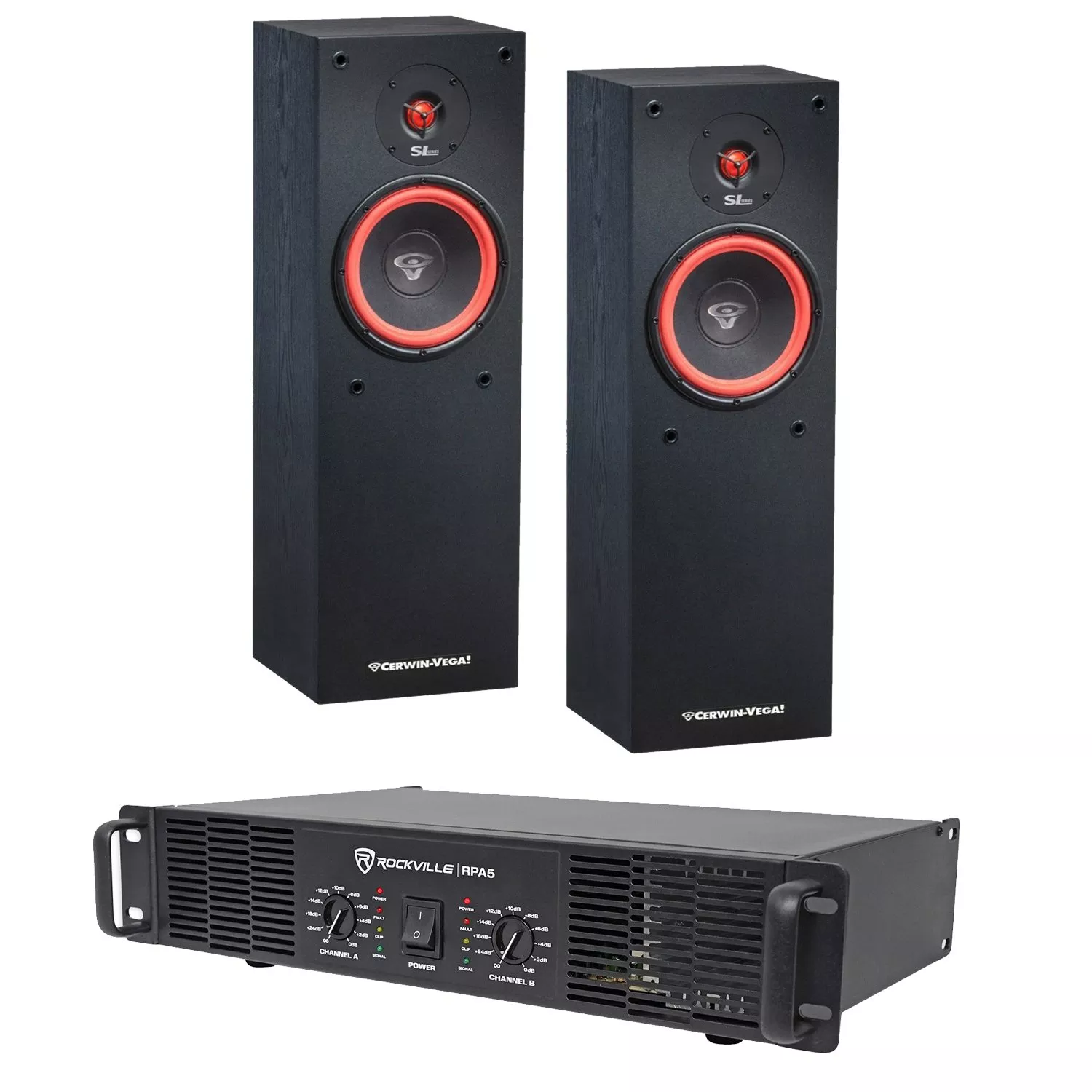 (2) Cerwin Vega SL-8 2-Way Loudspeaker Black, Rockville RPA5 1000w Amp, 16 Gauge Speaker Wire 100-Feet Bundle