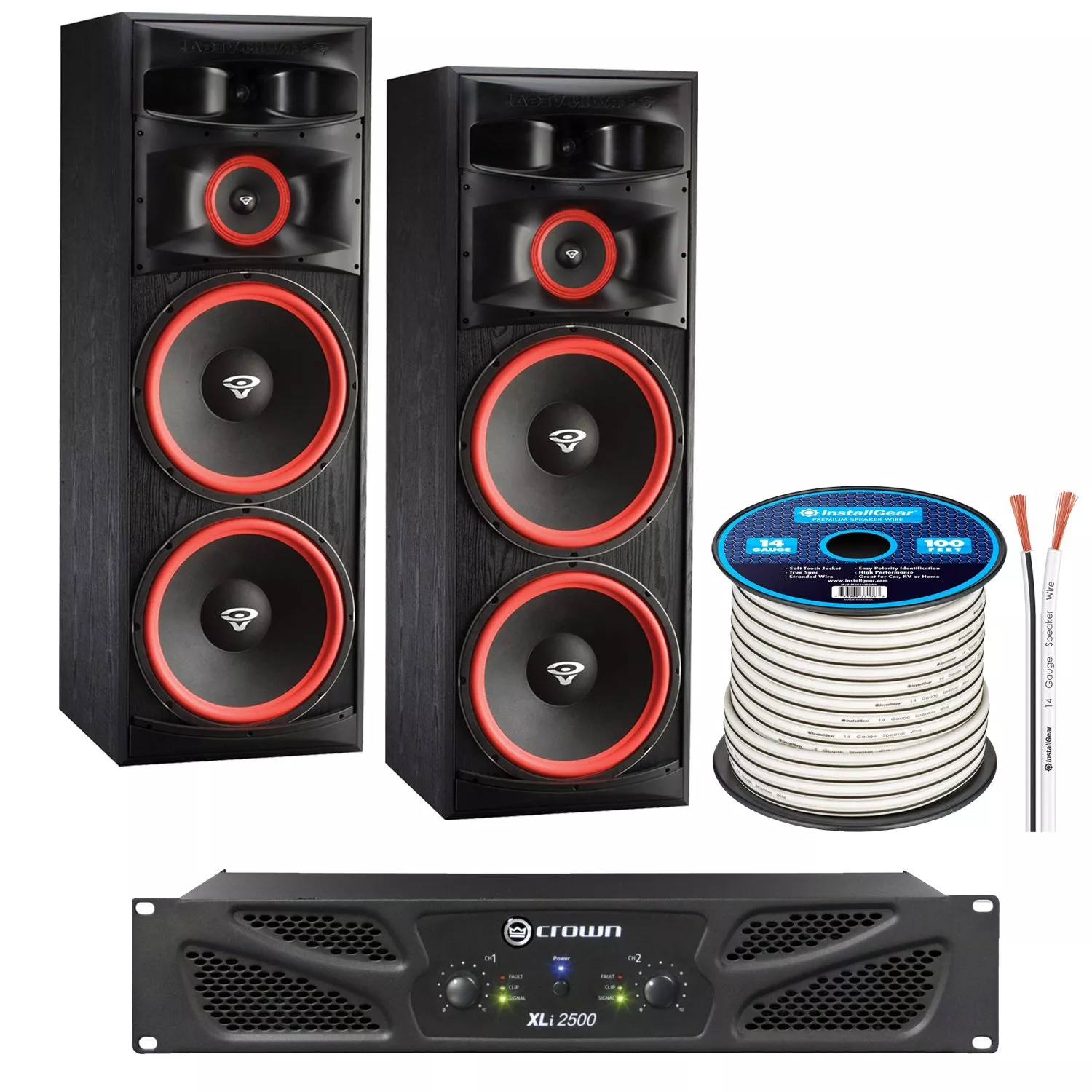(2) Cerwin-Vega XLS-215 3-Way Floorstanding Speaker, Crown XLi2500, InstallGear 14 Gauge AWG 100ft Bundle