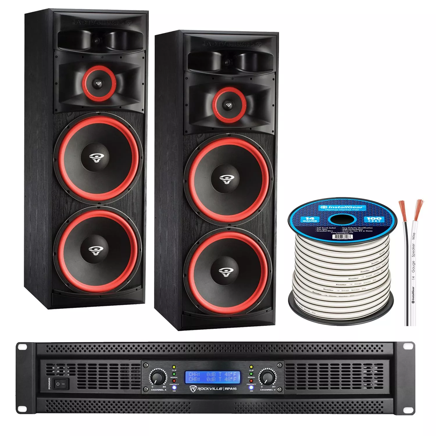(2) Cerwin-Vega XLS-215 3-Way Floorstanding Speaker, Rockville 5000 Watt Peak RPA12, InstallGear 14 Gauge AWG 100ft Bundle