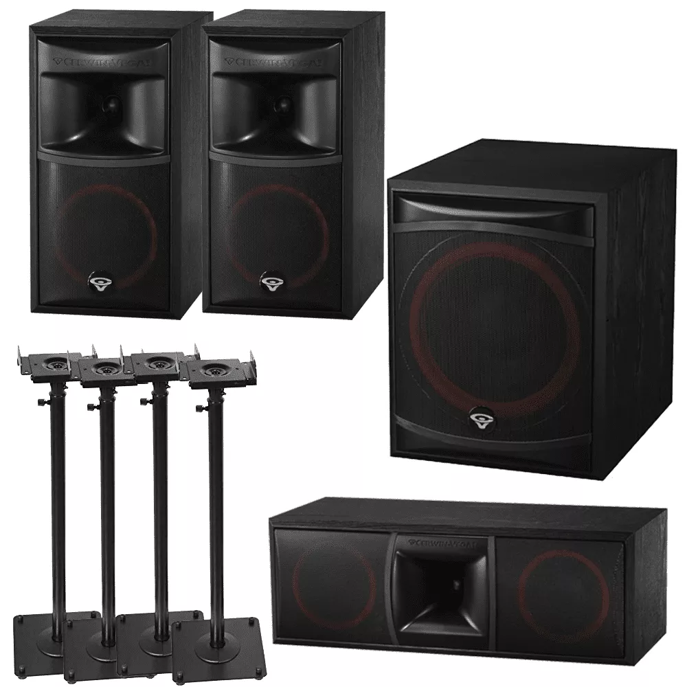 (2) Cerwin-Vega XLS-6 6.5″ 2-Way Bookshelf Speaker + Cerwin-Vega XLS-6C Dual 6.5″ Center Channel Speaker and Monitors Stands.