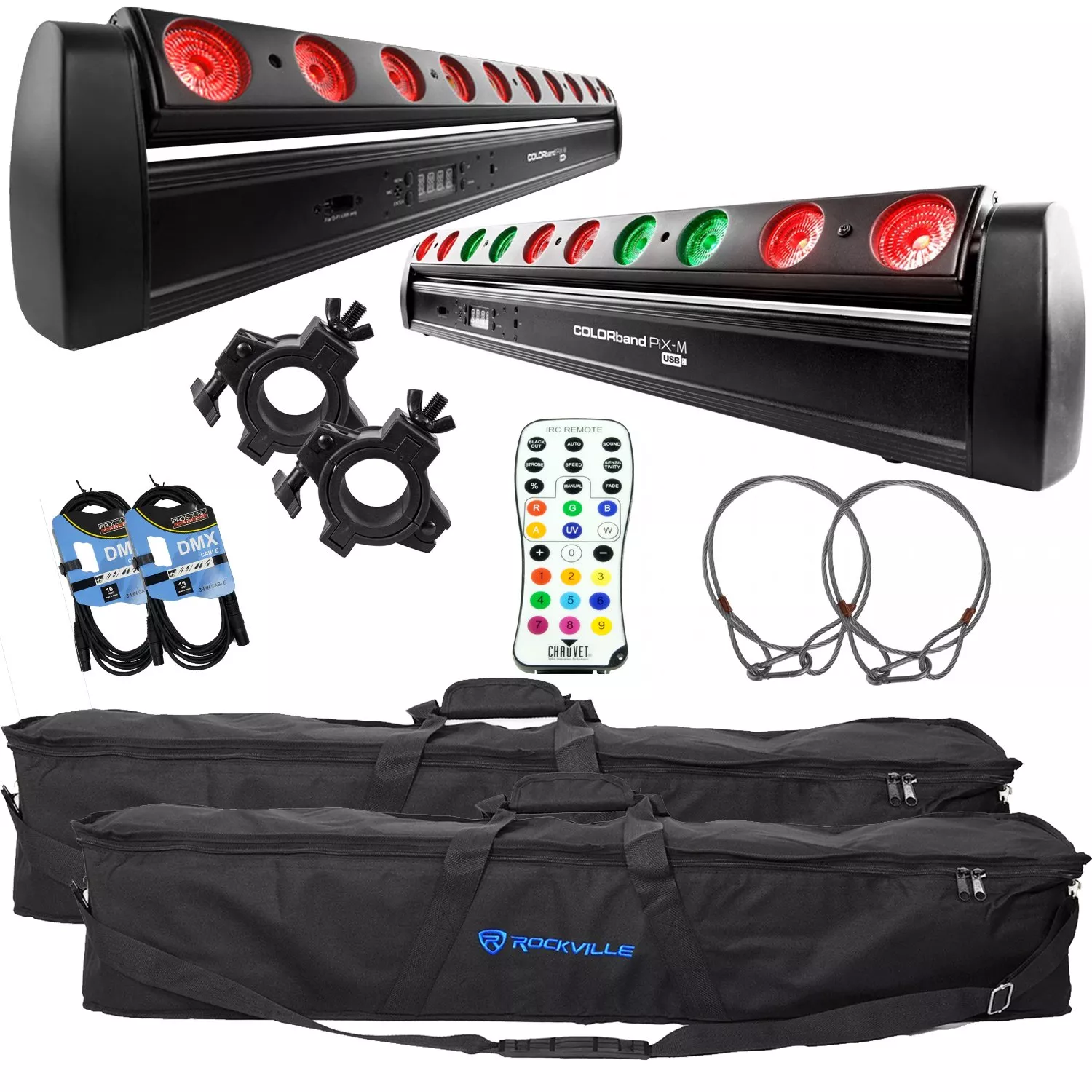 (2) Chauvet DJ COLORband PiX-M USB, (2) Rockville RLB60 Bag, (2) Clamps, (2) DMX Cables, (2) Safety Cables, IRC-6 Remote Bundle