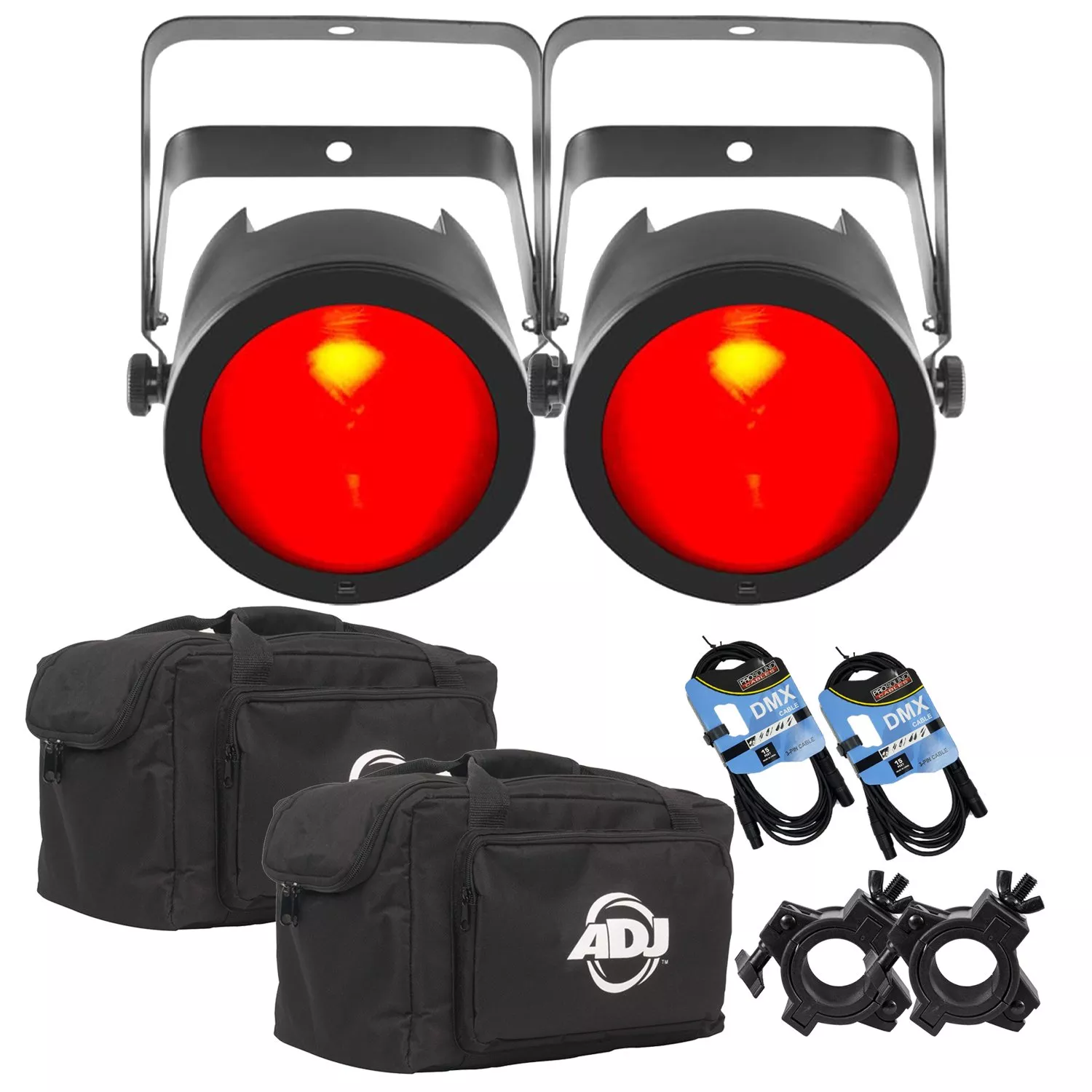 (2) CHAUVET DJ COREpar 80 USB Light, (2) ADJ F4 Par Bags, (2) DMX Cables, (2) Clamps Bundle