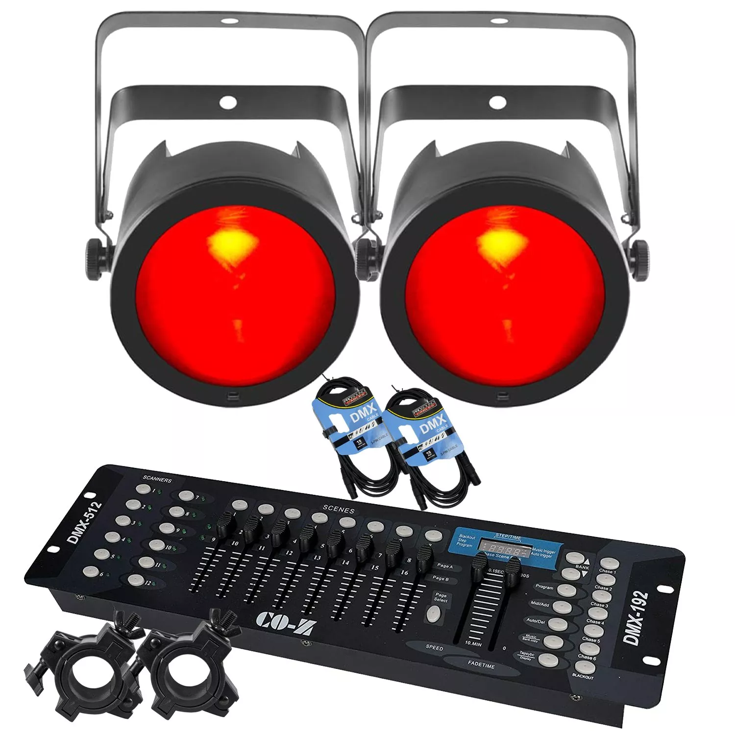 (2) CHAUVET DJ COREpar 80 USB Light, CO-Z 192 DMX 512, (2) DMX Cables, (2) Clamps Bundle