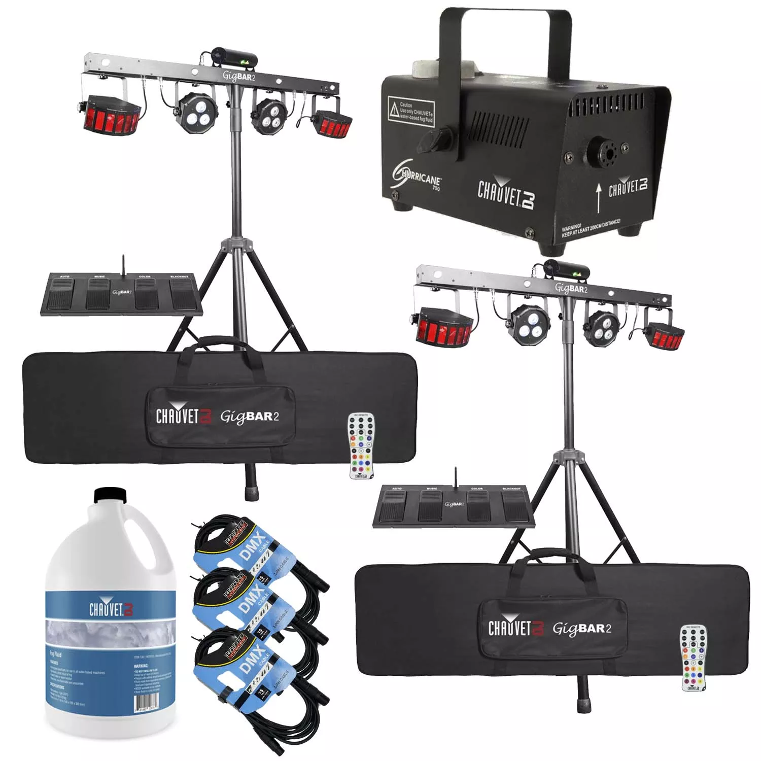 (2) Chauvet DJ GigBAR 2 All-In-One Lighting System, Chauvet H700, (3) DMX Cables, Gallon Fog Liquid Bundle