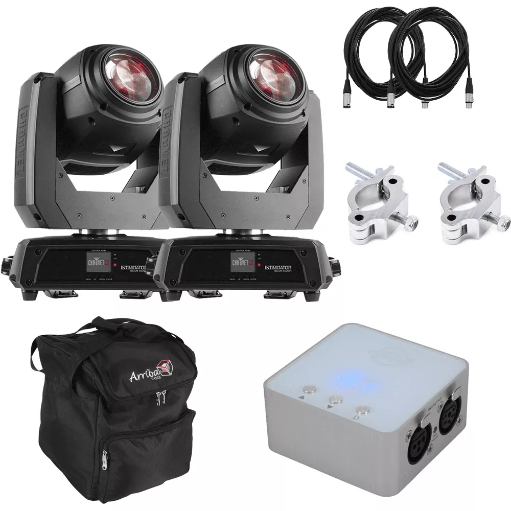 (2) CHAUVET DJ Intimidator Beam 140SR Moving Head Beam + Arriba Cases AC160 Padded Lighting Fixture Case + American DJ myDMX 3.0 DMX Controller and Software Package.