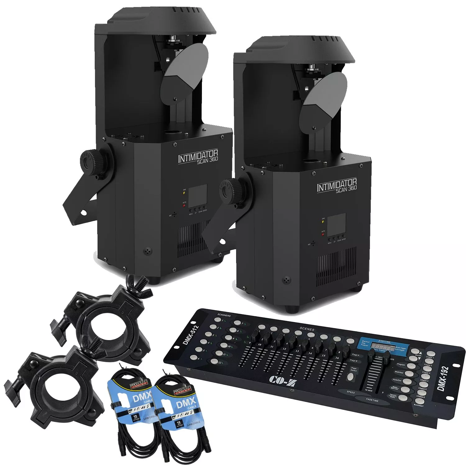 (2) CHAUVET DJ Intimidator Scan 360 LED Scanner, DMX Controller CO-Z 192 DMX 512, (2) DMX Cables, (2) Clamps Bundle