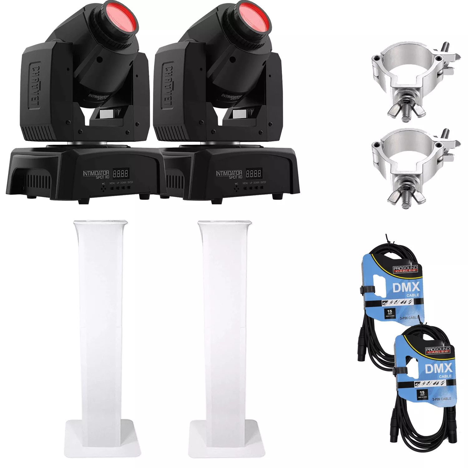 (2) Chauvet DJ Intimidator Spot 110 Lightweight LED Moving Headwith Clamps & (2) Rockville RTP32W Totem Moving Head Light Stands