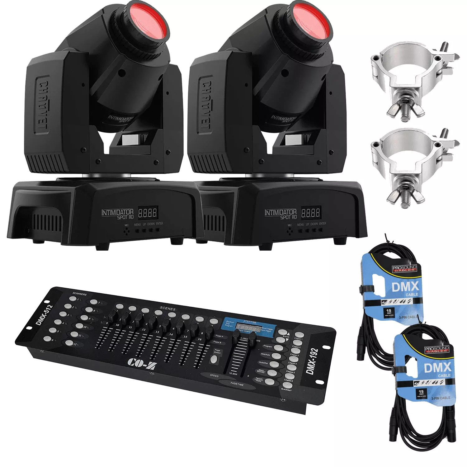 (2) Chauvet DJ Intimidator Spot 110 Lightweight LED Moving Headwith Clamps & CO-Z 192 DMX 512 Stage DJ Light Controller Lighting