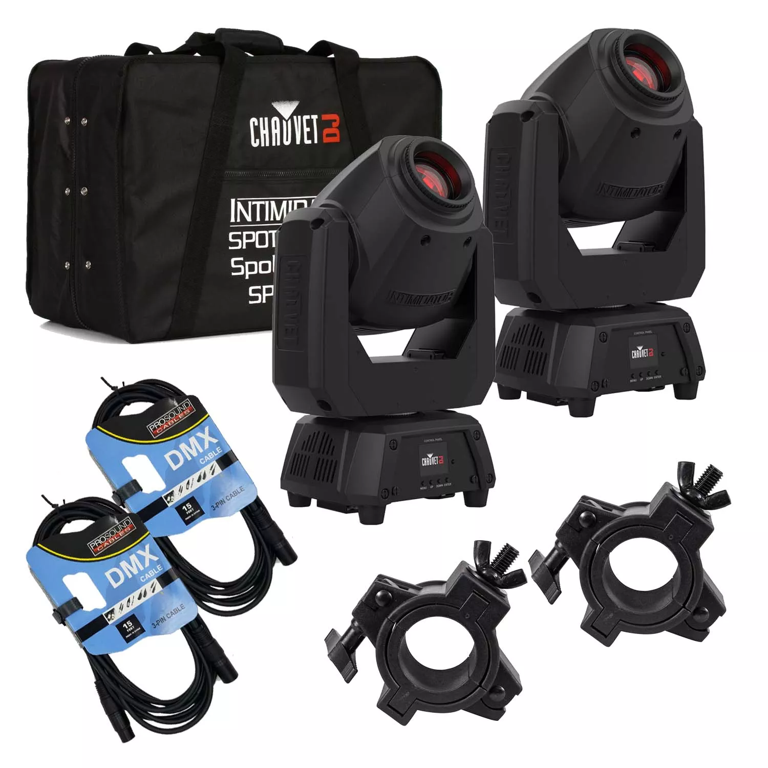 (2) Chauvet DJ Intimidator Spot 260X 75W LED Moving Head, Chauvet DJ CHS-2XX, (2) DMX Cables, (2) O-Clamp Bundle