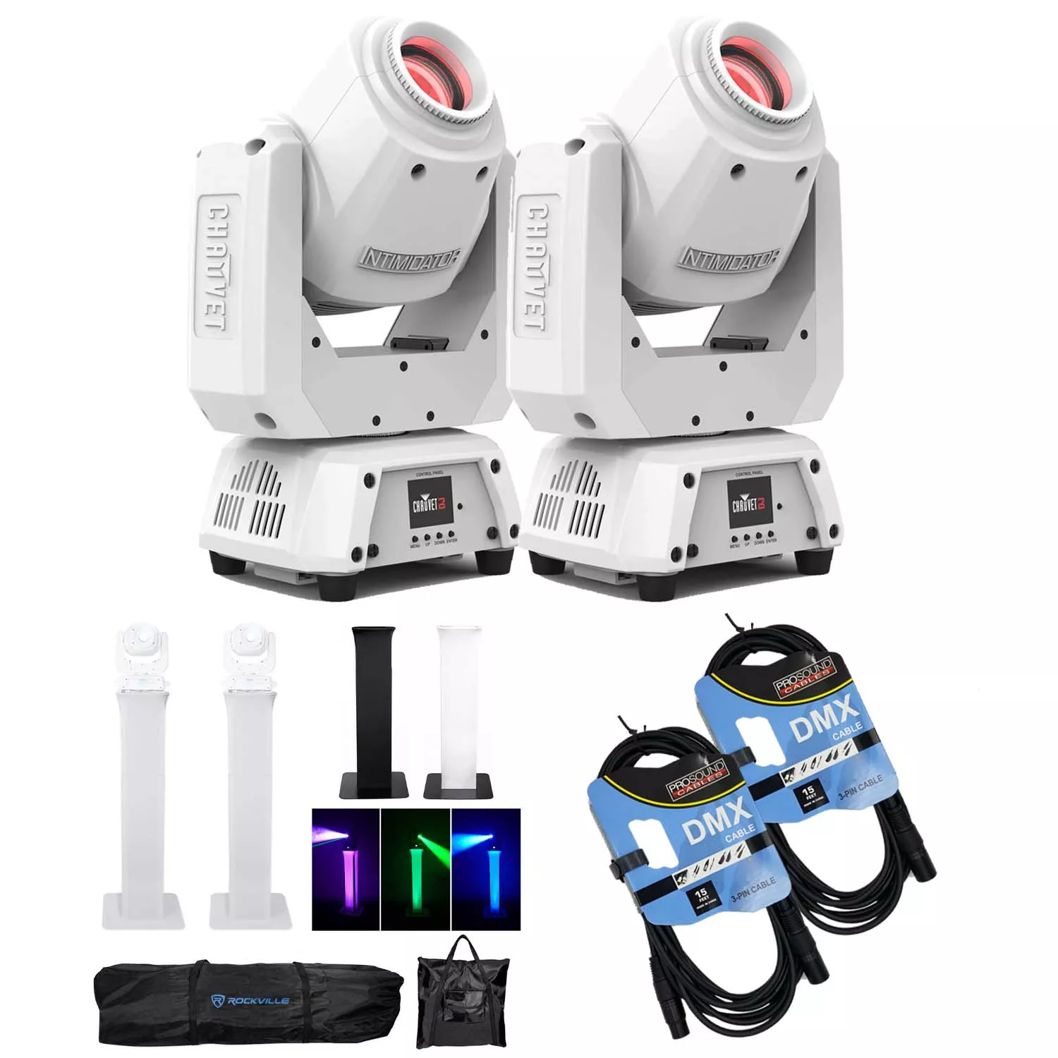 (2) Chauvet DJ Intimidator Spot 260X 75W LED Moving Head (White), (2) Rockville Totem Stand, (2) DMX Cables Bundle