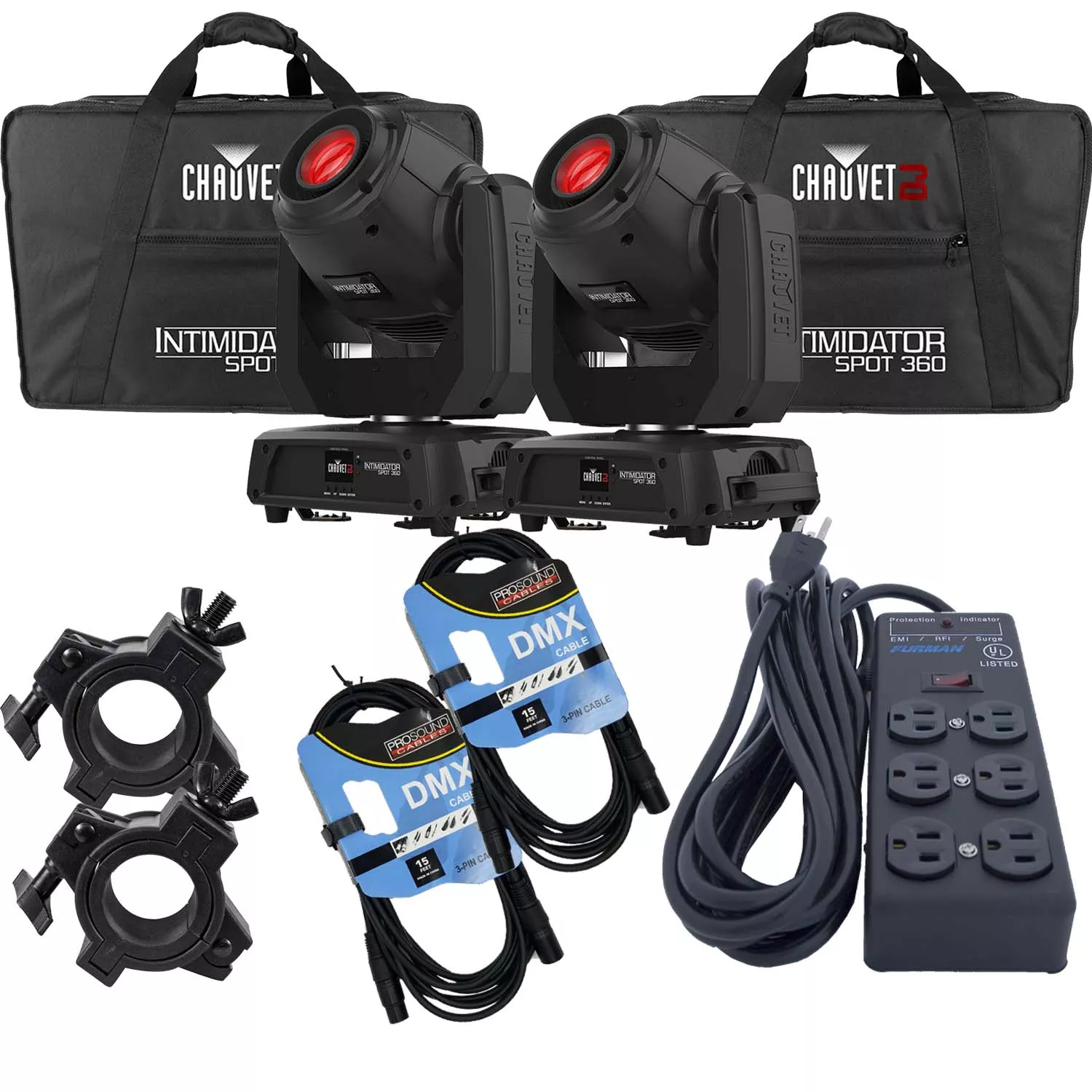 (2) CHAUVET DJ Intimidator Spot 360 (Black), (2) CHS-360 Bags, (2) Clamps, (2) DMX Cables, Furman SS-6B Bundle