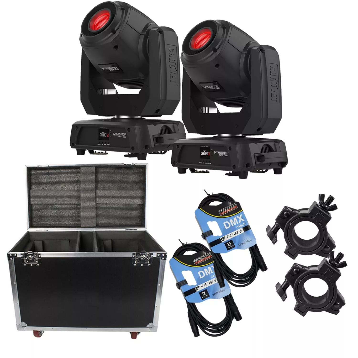 (2) CHAUVET DJ Intimidator Spot 360 (Black), Flight Case w/Wheels, (2) Clamps, (2) DMX Cables Bundle