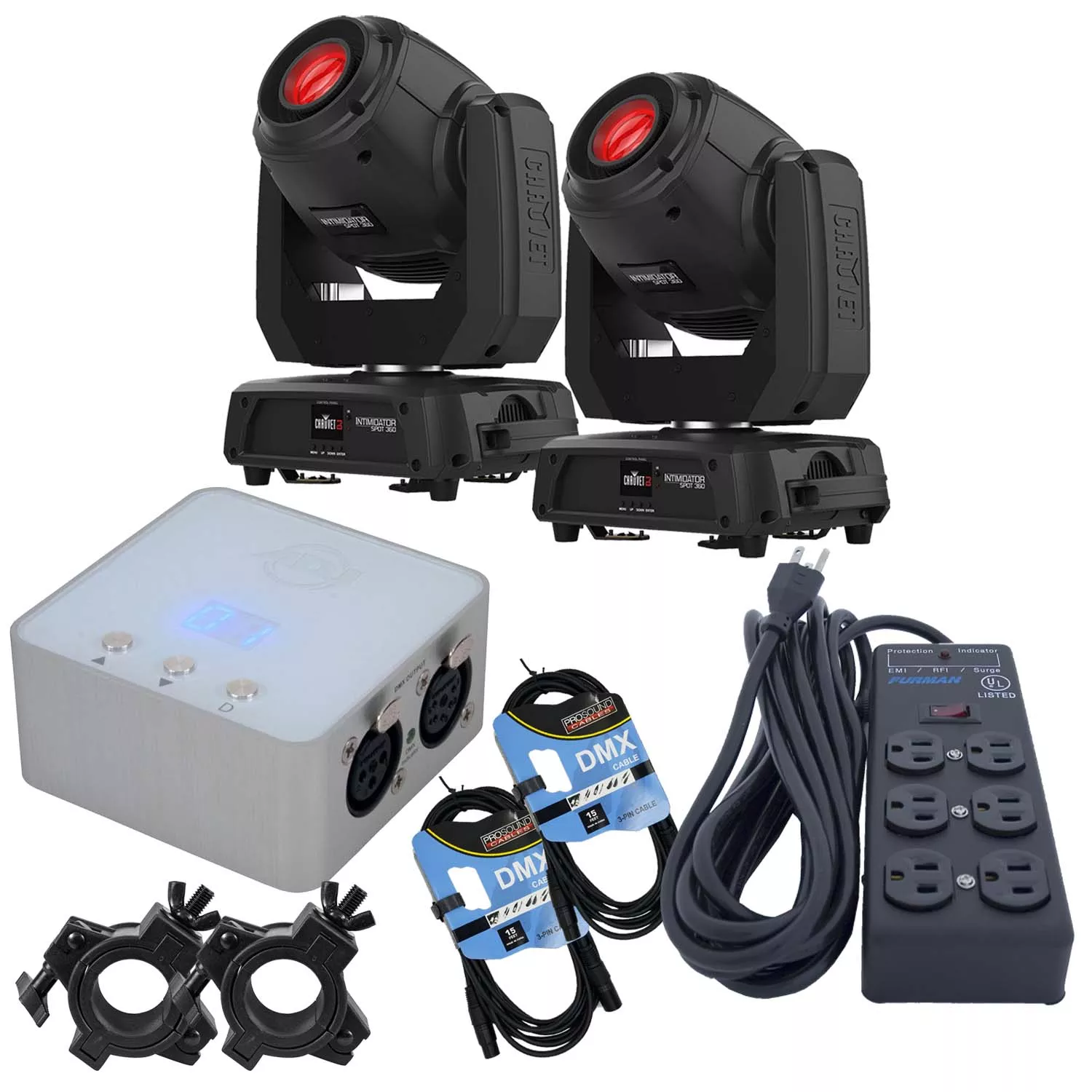 (2) CHAUVET DJ Intimidator Spot 360 (Black), MY DMX 3.0, (2) Clamps, (2) DMX Cables, Furman SS-6B Bundle
