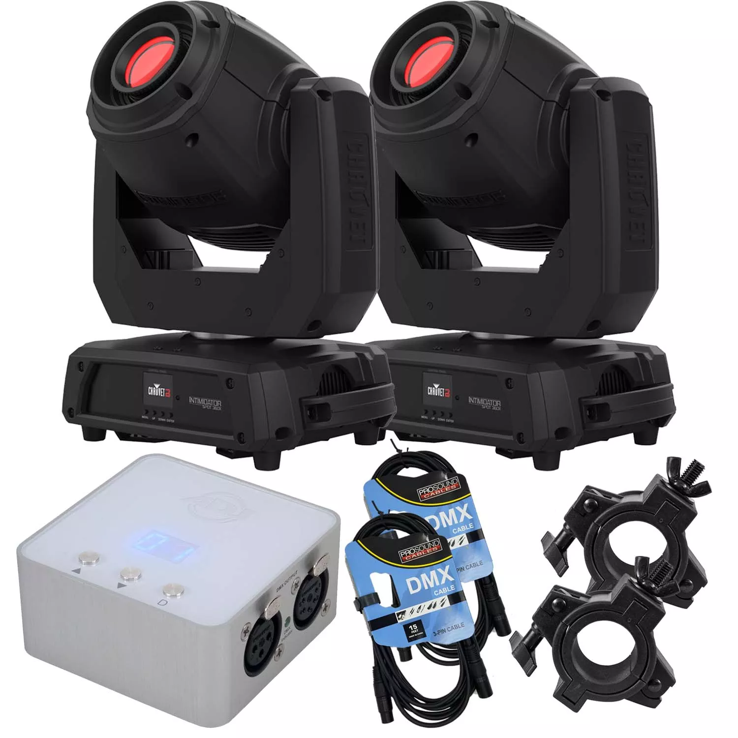 (2) Chauvet DJ Intimidator Spot 360X, ADJ MYDMX 3.0, (2) DMX Cables, (2) Clamps Bundle