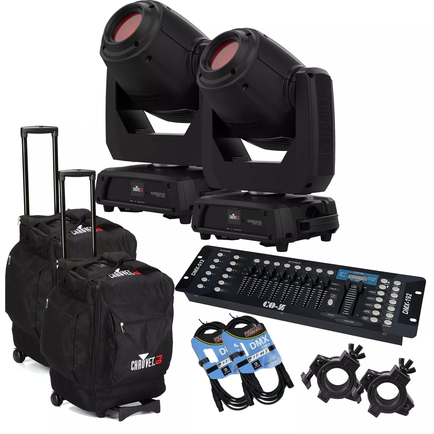 (2) Chauvet DJ Intimidator Spot 375ZX (Black), CO-Z 192 DMX, (2) CHS-50 bags, (2) DMX Cables, (2) Clamps Bundle