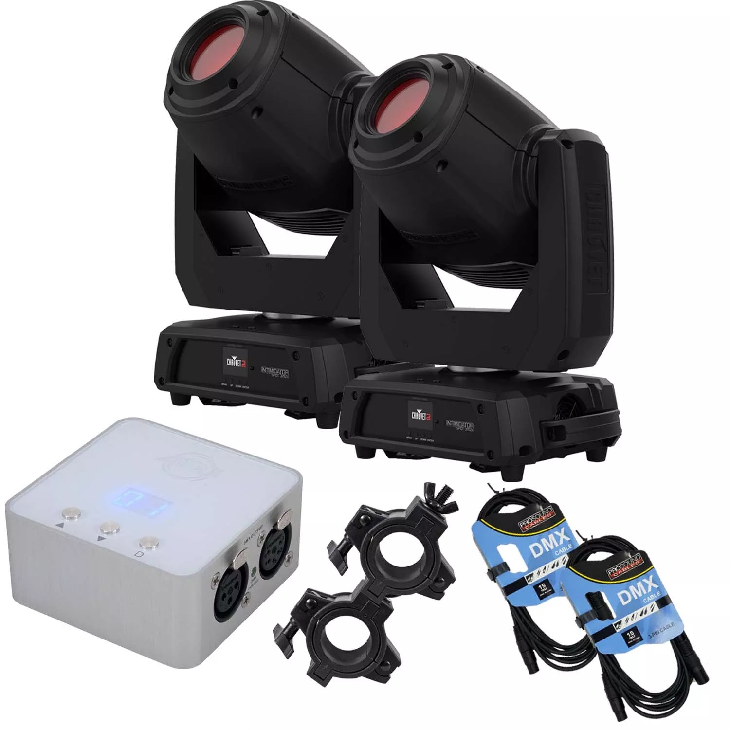 (2) Chauvet DJ Intimidator Spot 375ZX (Black), My DMX3.0, (2)DMX Cables, (2) Clamps Bundle