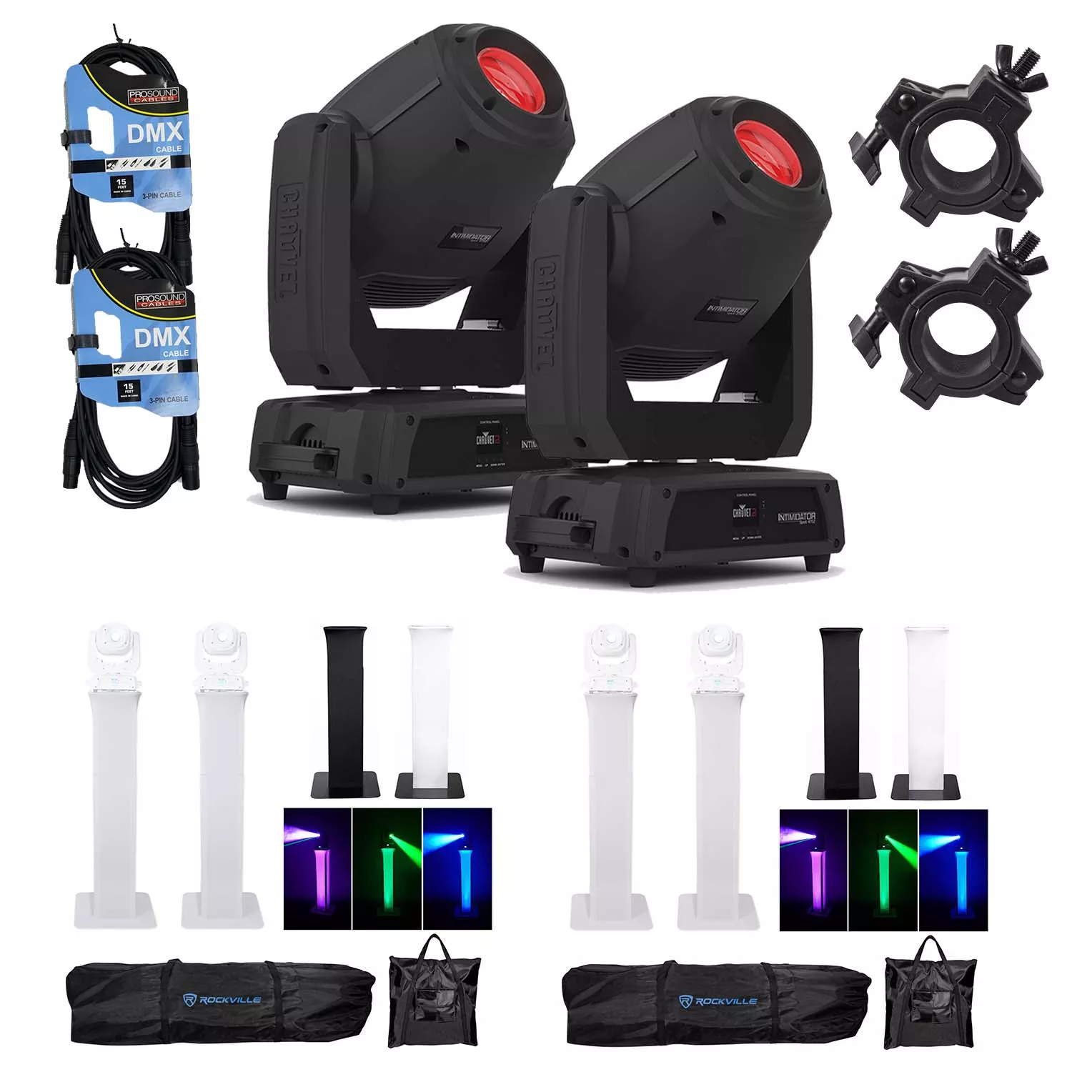 (2) CHAUVET DJ Intimidator Spot 475Z, (2) Rockville RTP82W Totem, (2) DMX Cables Bundle