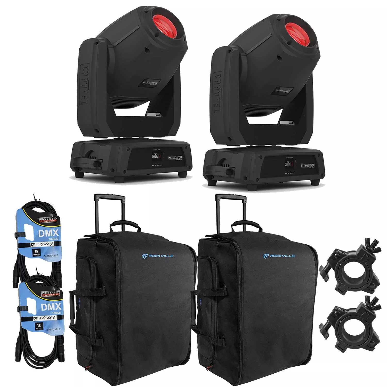 (2) CHAUVET DJ Intimidator Spot 475Z, (2) Rockville SB15 Bag, (2) Clamps, (2) DMX Cable Bundle