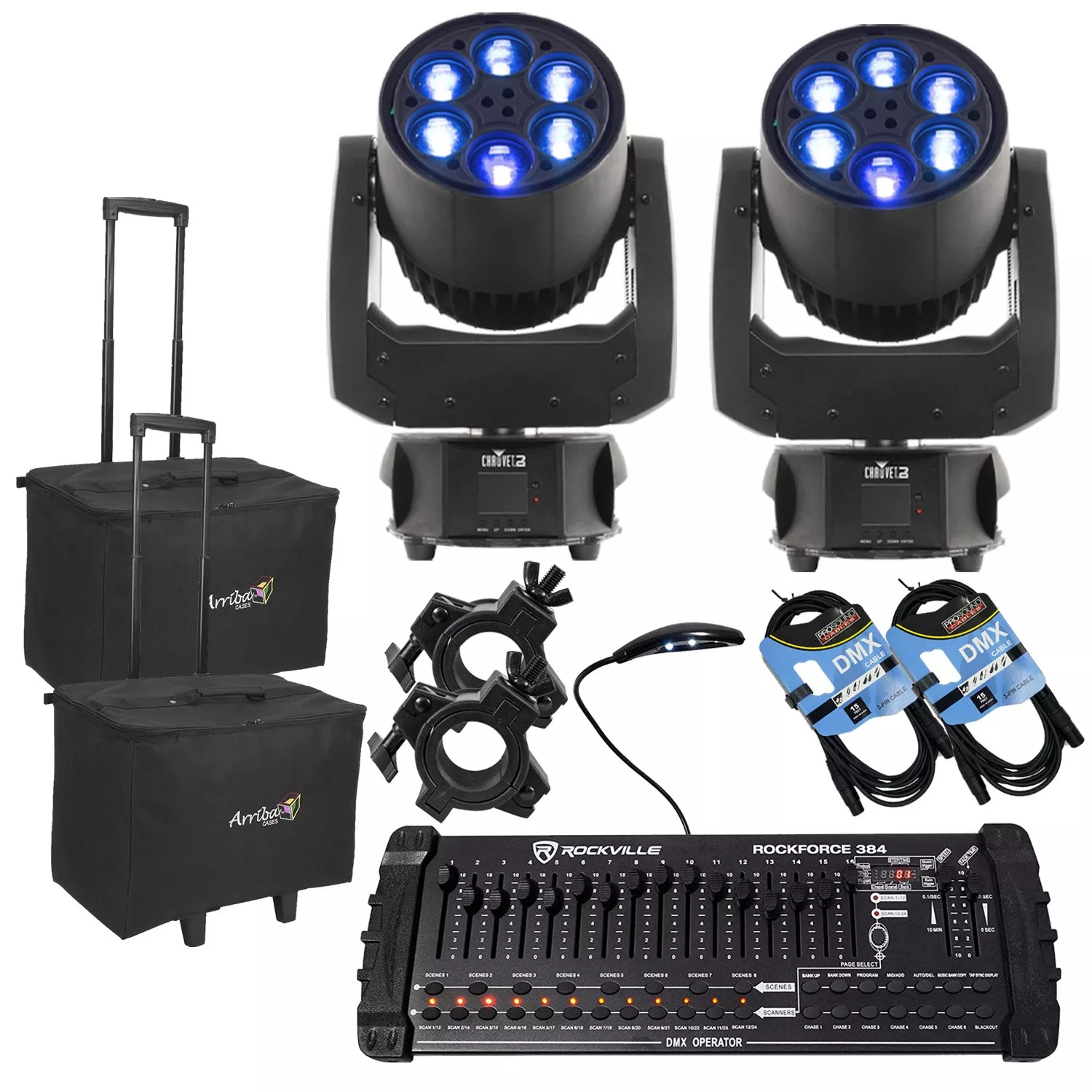 (2) CHAUVET DJ Intimidator Trio – LED Moving Head, (2) Arriba Cases ACR-19, (2) DMX Cables, (2) Clamps, Rockville ROCKFORCE 384 Bundle