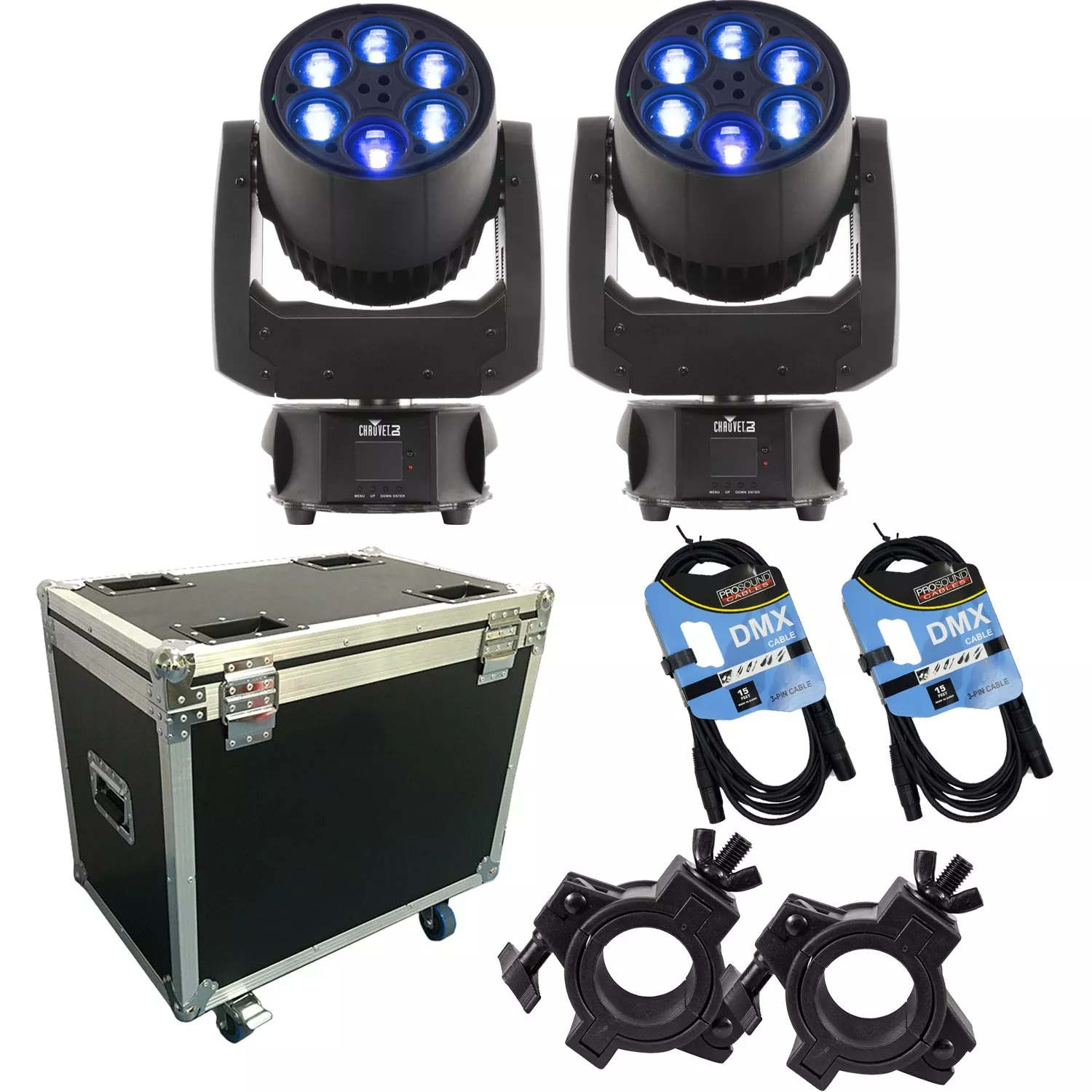 (2) CHAUVET DJ Intimidator Trio – LED Moving Head, Moving Head Flight Case, (2) DMX Cables, (2) Clamps Bundle