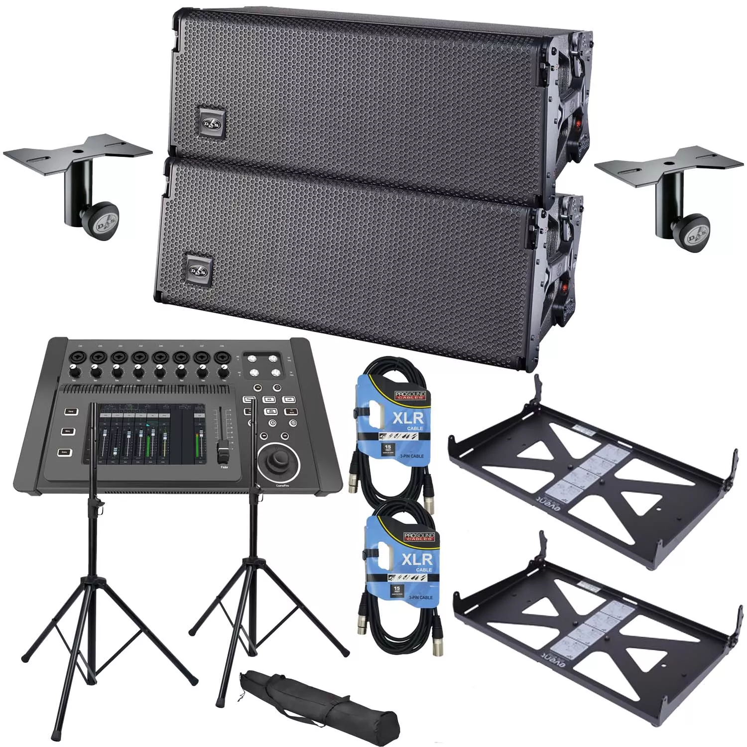 (2) DAS Event 208A Dual 8″ Powered Line Array Speaker, PSG Audio DM-1608, (2) DAS AX-EV208, (2) DAS AXC-ZT, Speaker Stands Pair, (2) XLR Cables Bundle