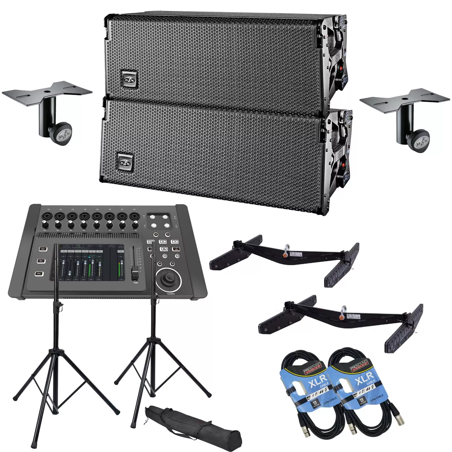 (2) DAS Event 210A Dual 10″ Powered Line Array Speaker, PSG Audio DM-1608, (2)DAS AX-EV210, (2) DAS AXC-ZT, Speaker Stands Pair, (2) XLR Cables