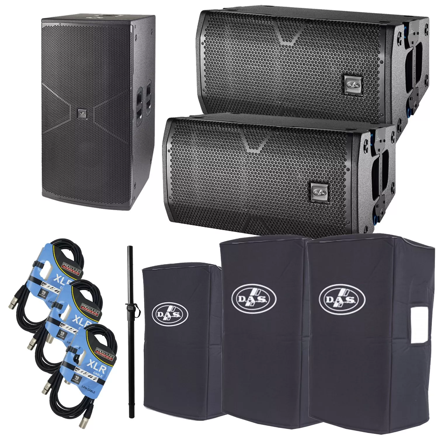 (2) Das Vantec 20A, Vantec 218A, (2) CVR-VANTEC20, CVR-VANTEC 218A, (3) XLR Cables, On Stage Pole Bundle
