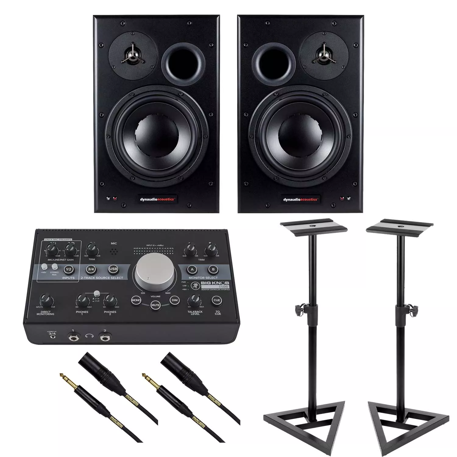 (2) Dynaudio BM15A 10 inch Powered Monitors, Mackie Big Knob Studio, Monitor Stands, (2) Mogami XLR to 1/4 Bundle