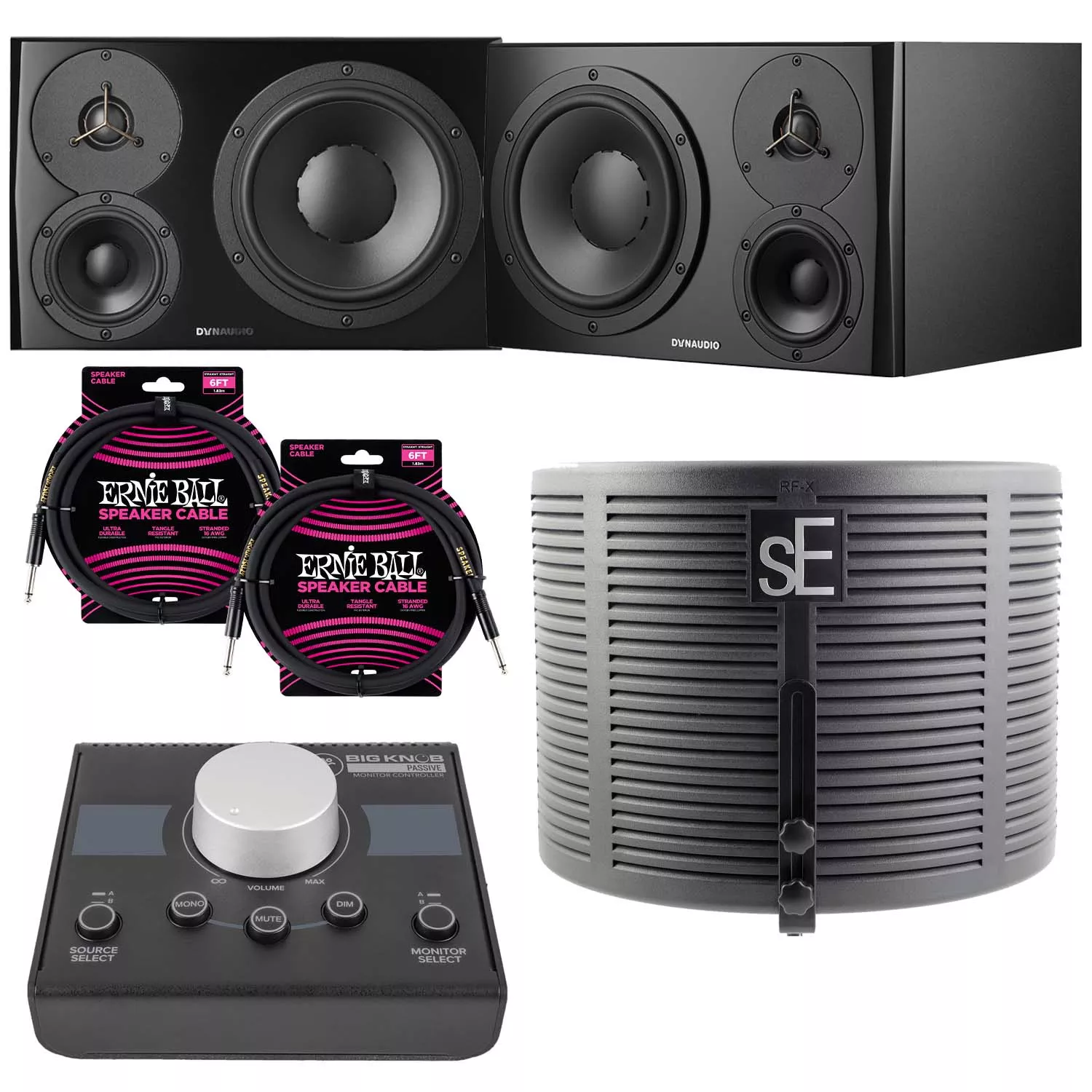 (2) Dynaudio LYD 48 – 3-Way Speakers (Left/Right – Black), Mackie Big Knob Passive, (2) ErnieBall cables, sE Electronics RF-X Bundle