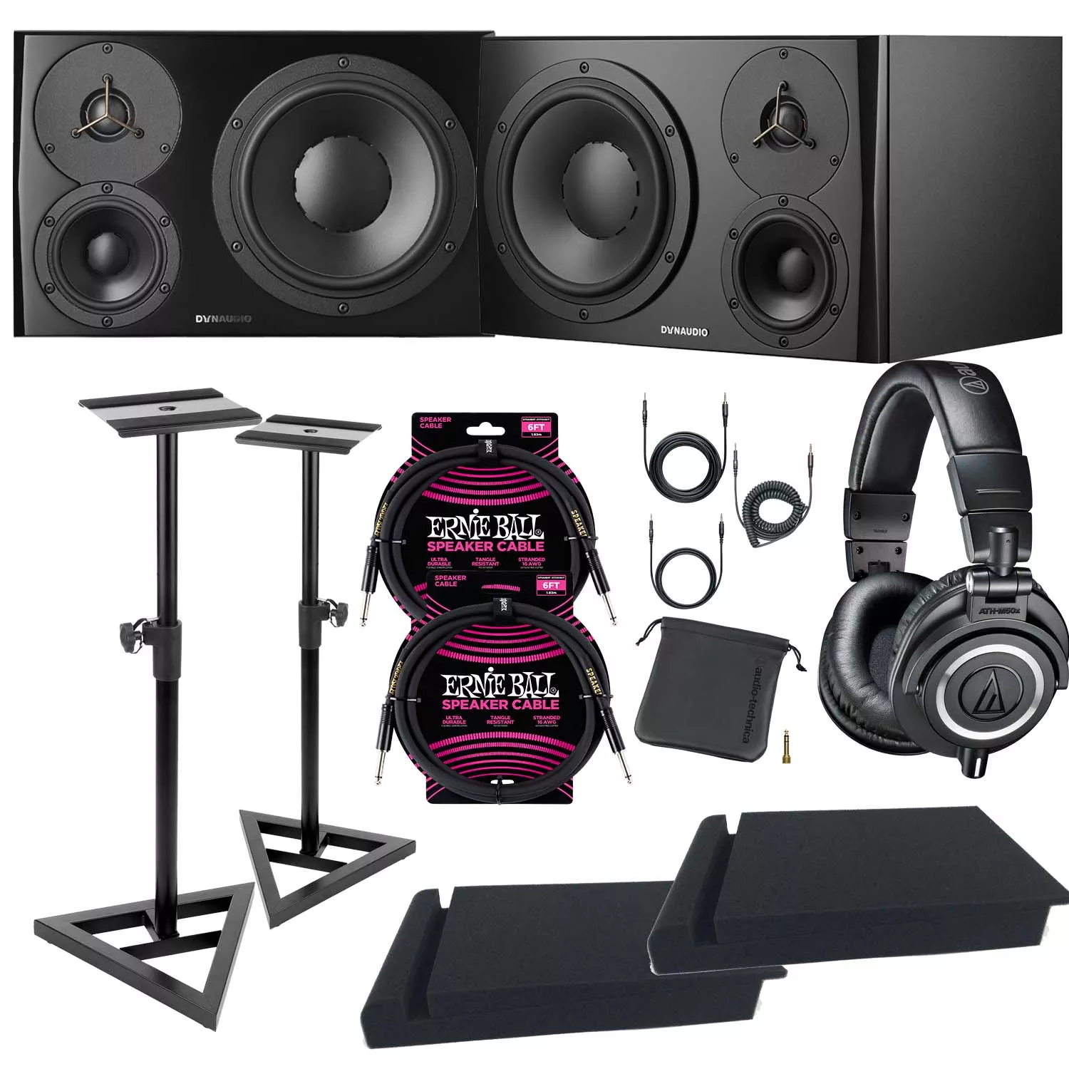 (2) Dynaudio LYD 48 – 3-Way Speakers (Left/Right – Black), Monitor Stands, (2) ErnieBall cables, Pads, AT ATH-M50X Bundle