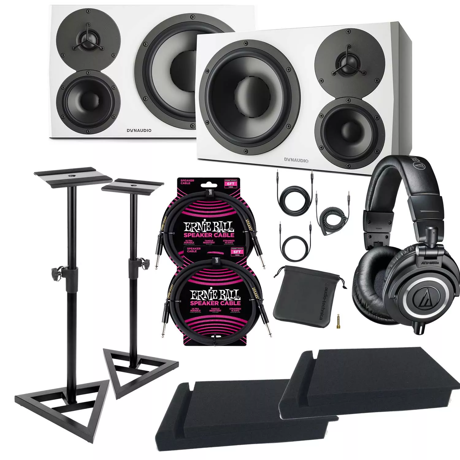 (2) Dynaudio LYD 48 – 3-Way Speakers (Left/Right – White) – Monitor Stands, (2) ErnieBall cables, Pads, AT ATH-M50X Bundle