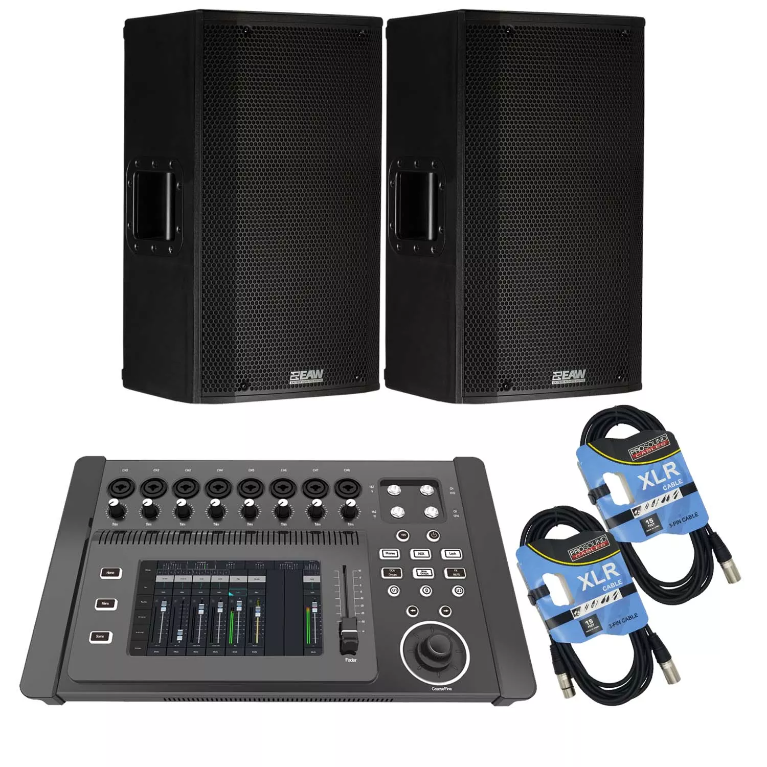 (2) EAW LA121 – 12″ 1500W 2-Way Active Speaker, PSG AUDIO DM-1608 Digital Mixer, (2) XLR Cables Bundle