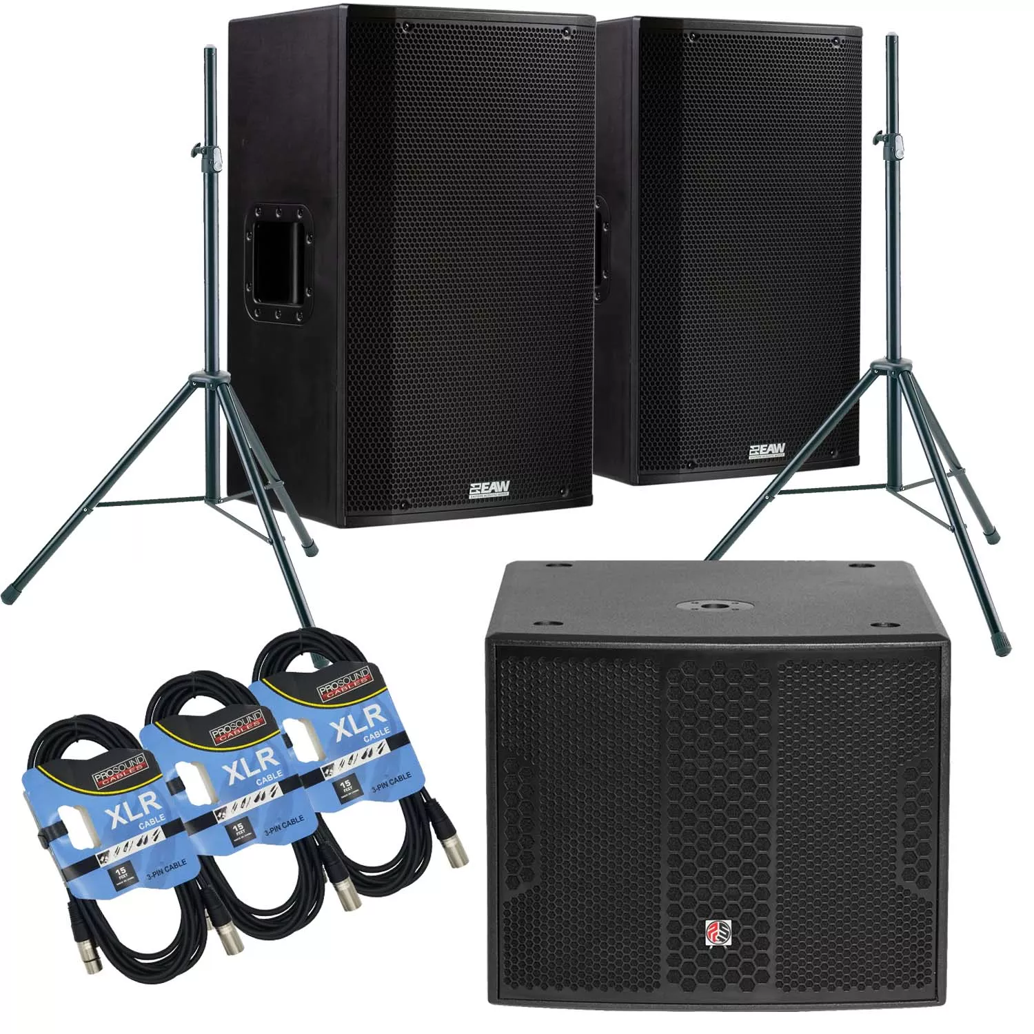 (2) EAW LA151 – 15″ 1500W 2-Way Active Speaker, (2) Speaker Stand, PSG AUDIO Chaos 18, (3) XLR Cables Bundle