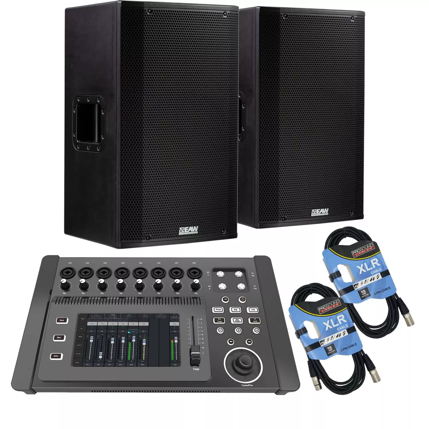 (2) EAW LA151 – 15″ 1500W 2-Way Active Speaker, PSG AUDIO DM-1608 Digital Mixer, (2) XLR Cables Bundle