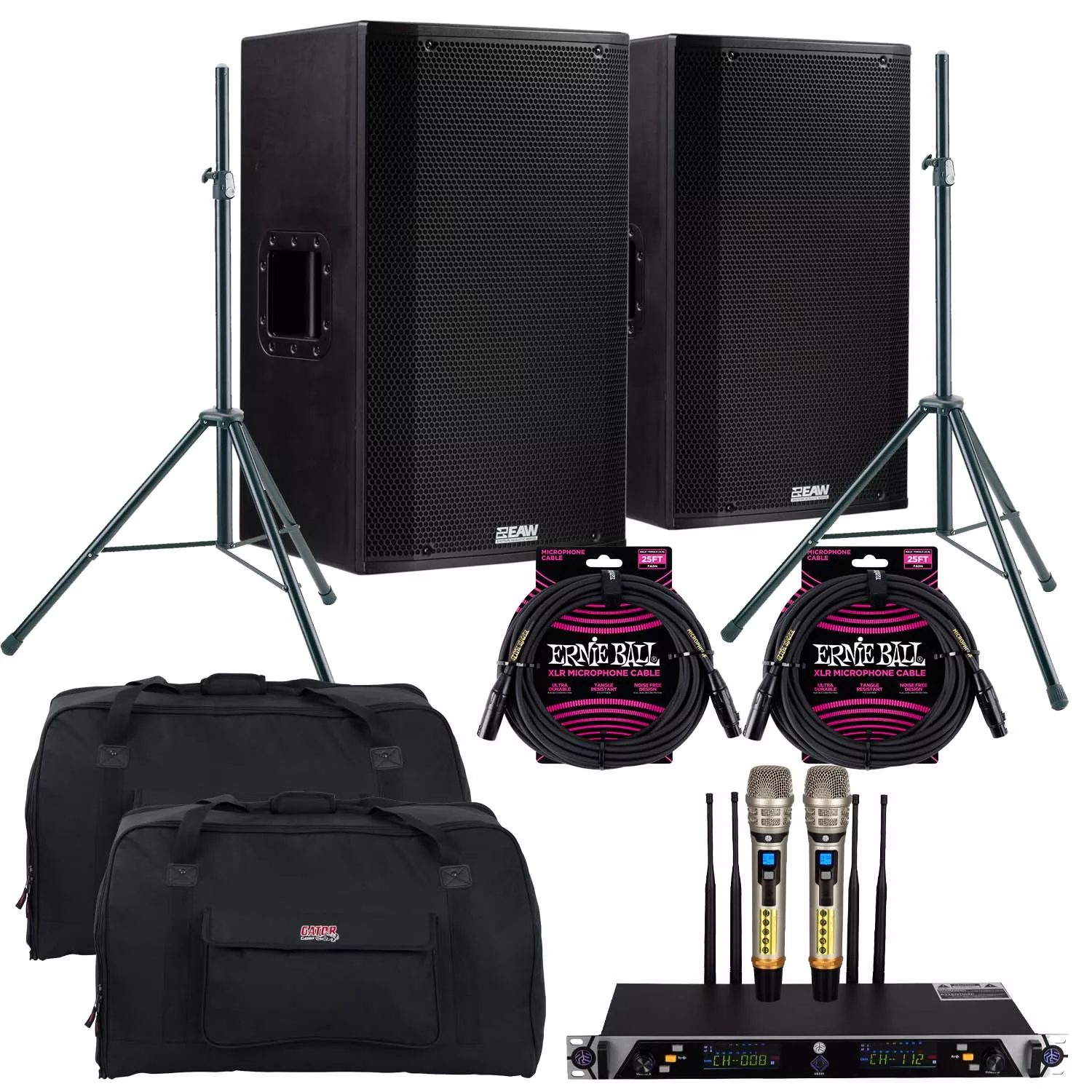 (2) EAW LA151 – 15″ 1500W 2-Way Active Speaker, PSG Wireless Mic UGX21II, (2) Speaker Stand, (2) Gator Tote15, (2) ErnieBall XLR Cables Bundle