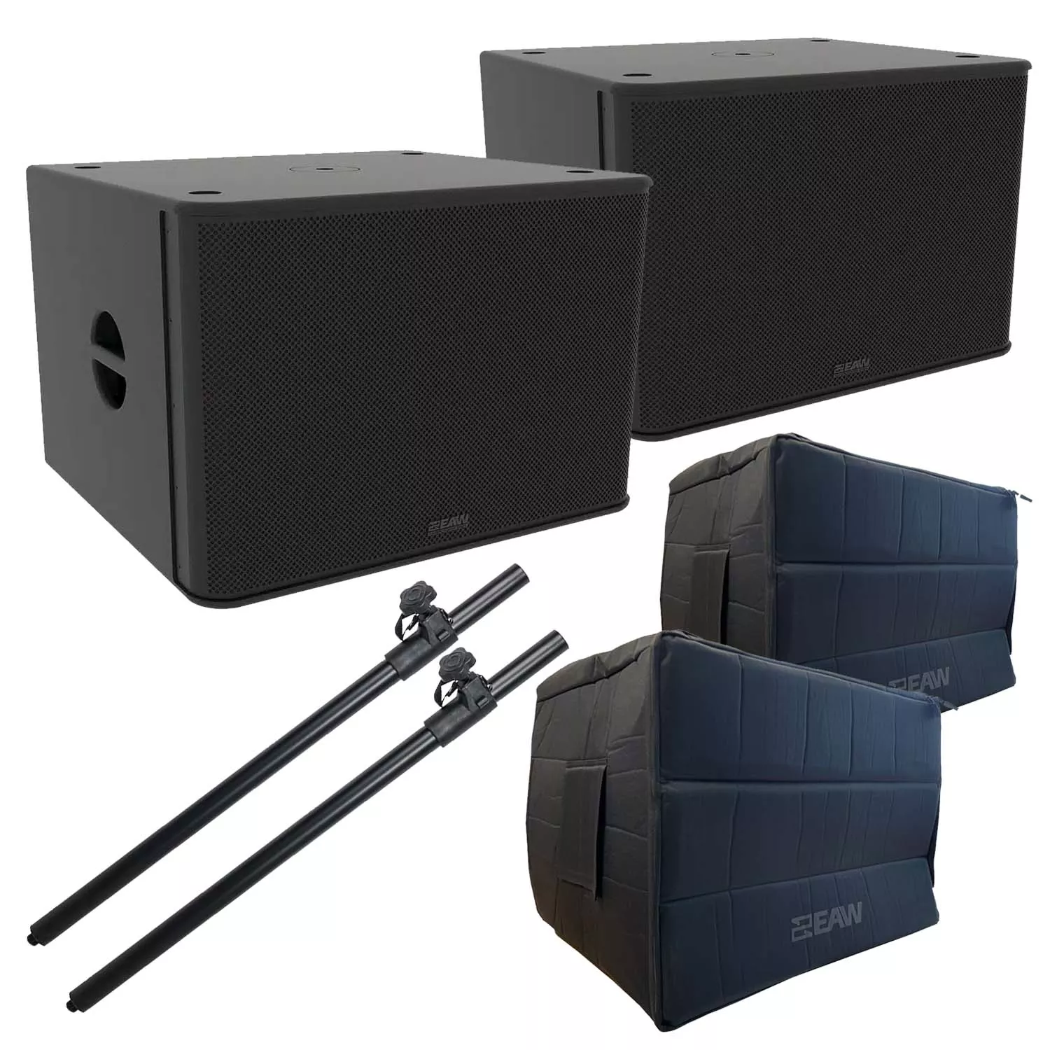 (2) EAW RS118 1500W 18″ Powered Subwoofer, (2) EAW Sub Covers, (2) Speaker Poles Bundle