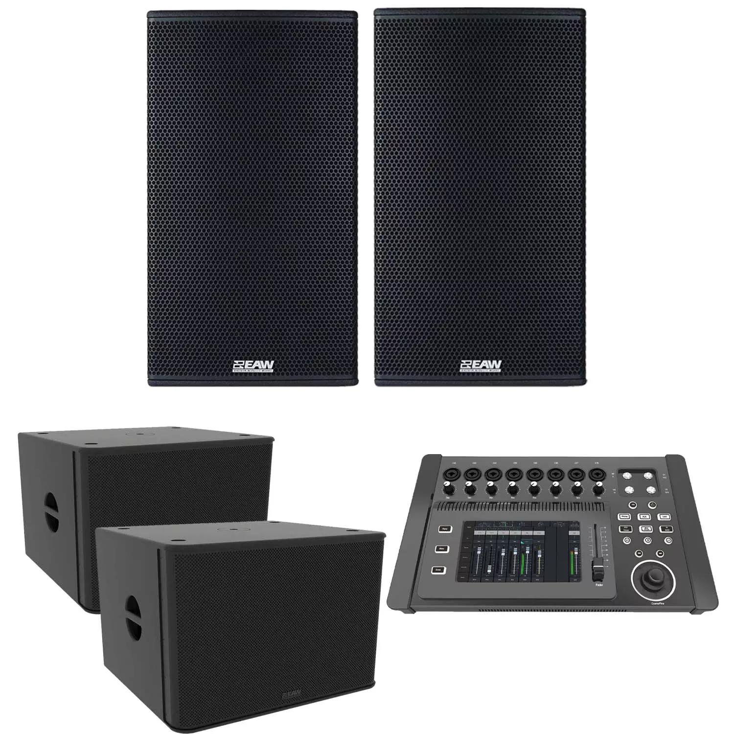 (2) EAW RS121 1500W 12″ Powered Loudspeaker, (2) EAW RS118 Sub, PSG AUDIO DM-1608 Mixer Bundle